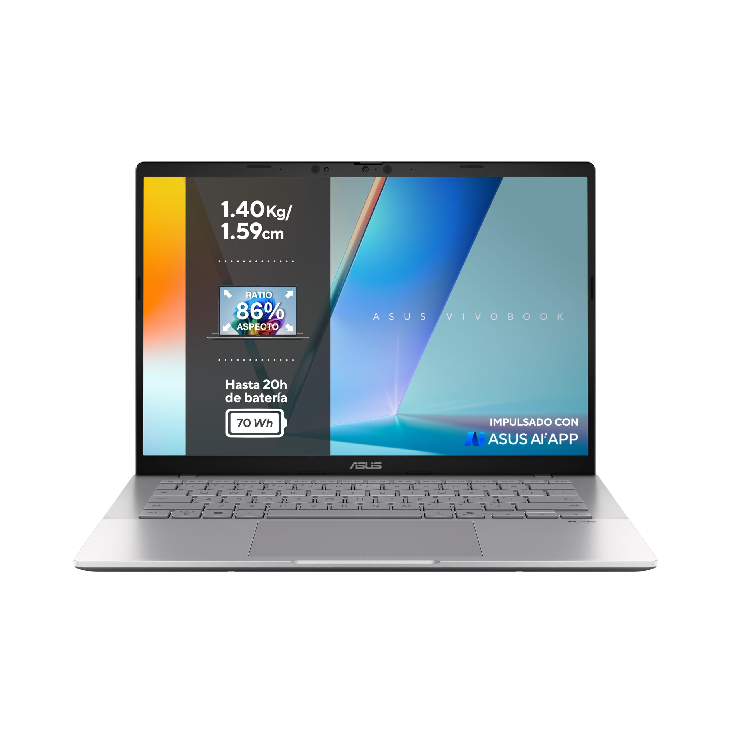 ASUS Vivobook S 14 S3407CA-LY040W - Ordenador Portátil 14" WUXGA (Intel Core Ultra 7 255H, 16GB RAM, 1TB SSD, ARC 140T, Windows 11 Home) Gris Mate - Teclado QWERTY español