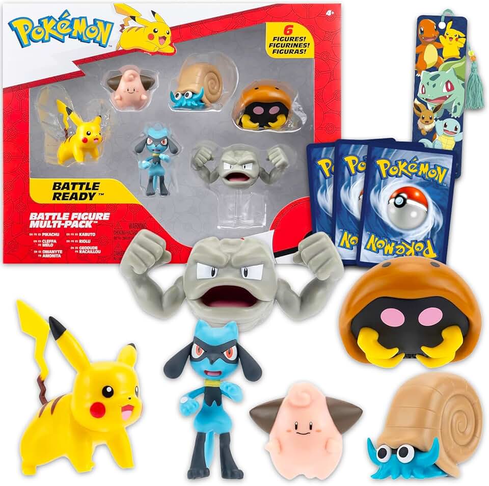 Pokemon Battle Figure Pack – Bundle of 6 Mini Figurines: Pikachu, Axew, Shinx, Eevee, Machop &amp; Shuckle Plus Cards | Pokemon Action Figures for Kids