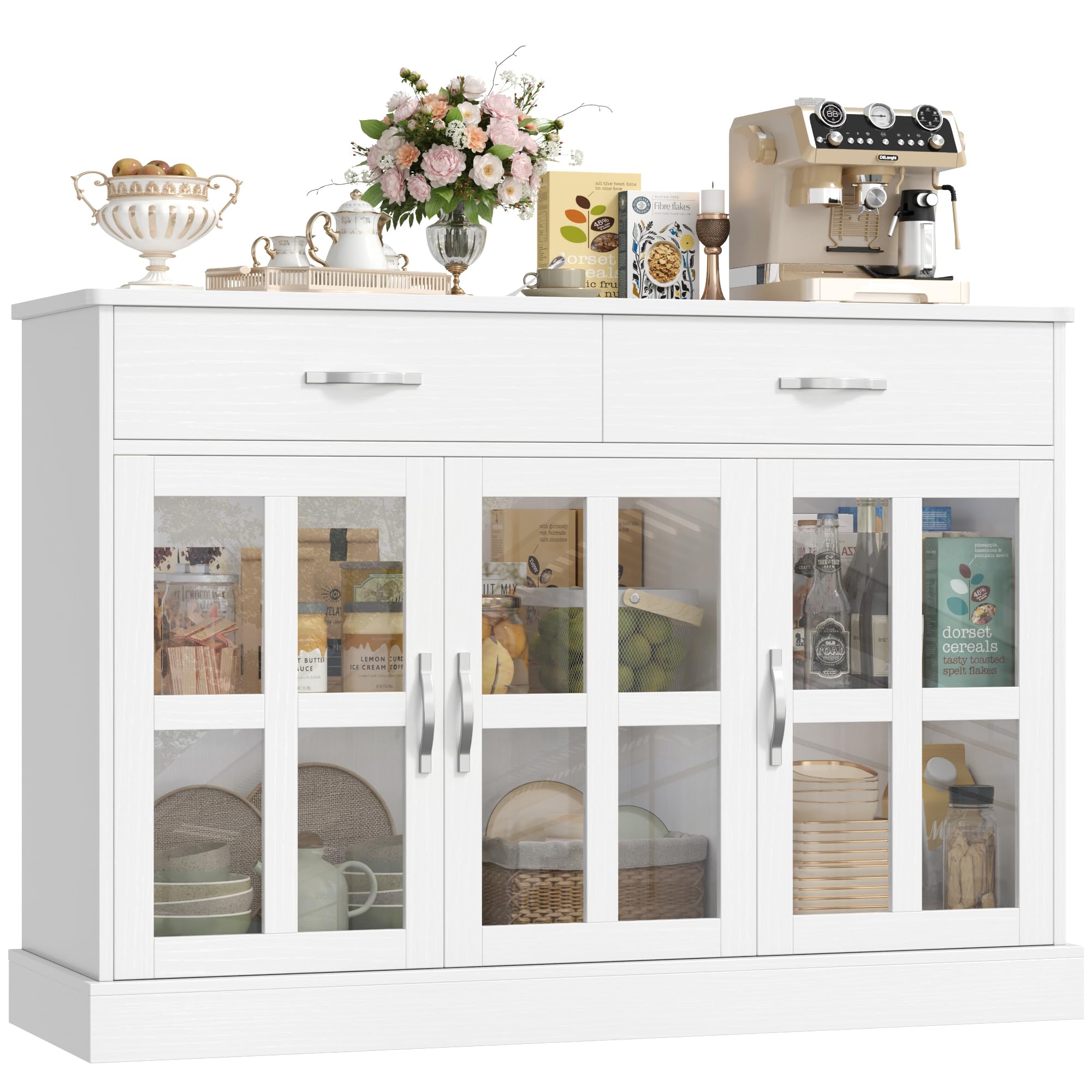 FirFurd Aparador Cocina con 3 Puertas de Cristal, Vitrina Salón, Muebles de Cocina, Aparador Comedor, Armario Buffet con 2 Cajones, Estantes Ajustables, Blanco 120x40x84cm