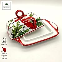 Vista 2 de Mantequillera de cerámica italiana con tapa Diseño de amapolas rojas - Mantequilla pintada a mano de 8 x 5 pies - Hecho en Italia Toscana - Soporte