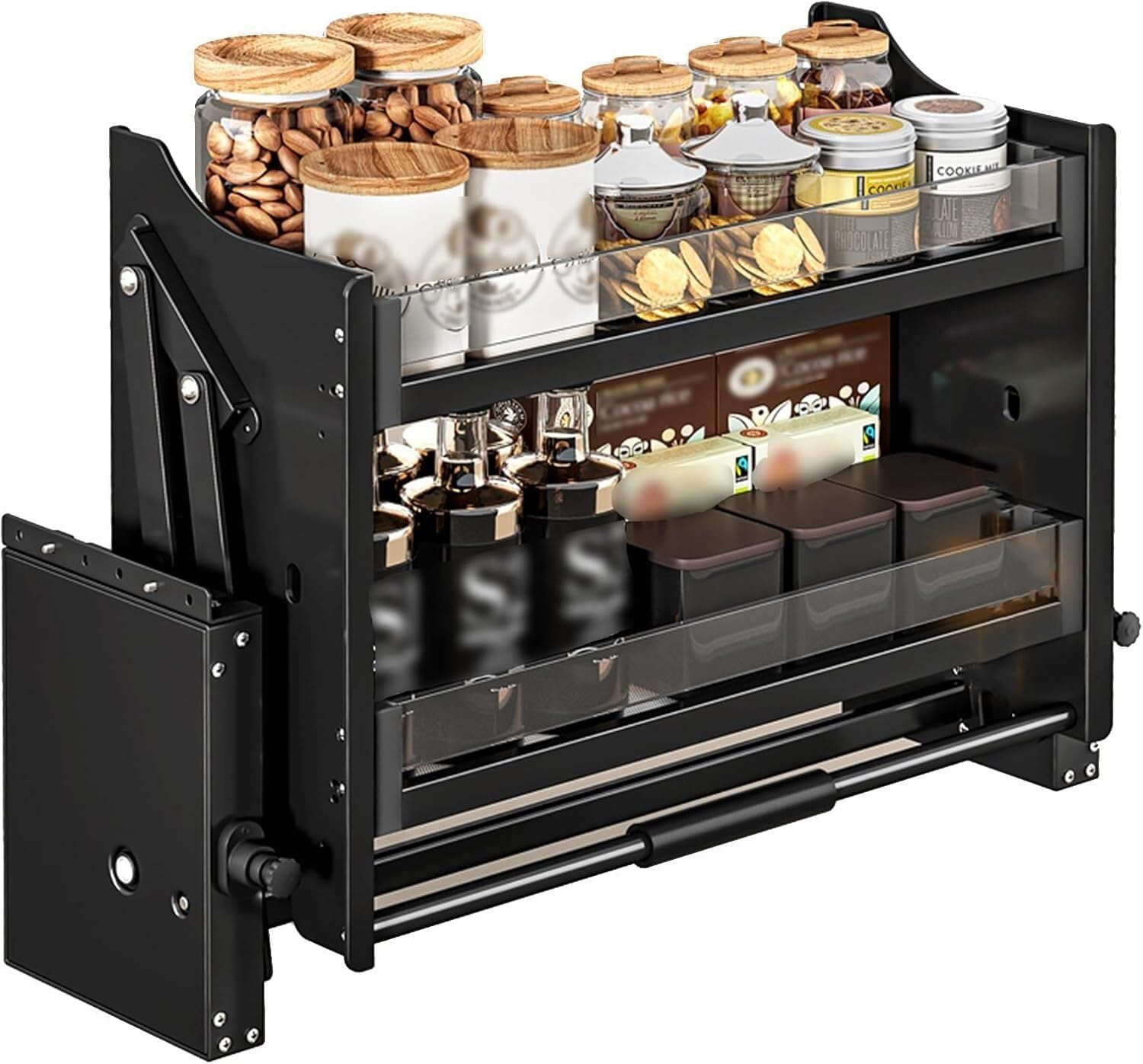 OLSKFUH Kitchen Organiser 2 Tier Alloy Pull Down Shelf Heavy Duty Pull Out Kitchen Wall Shelf For Cabinets,Black-86 * 26 * 53cm