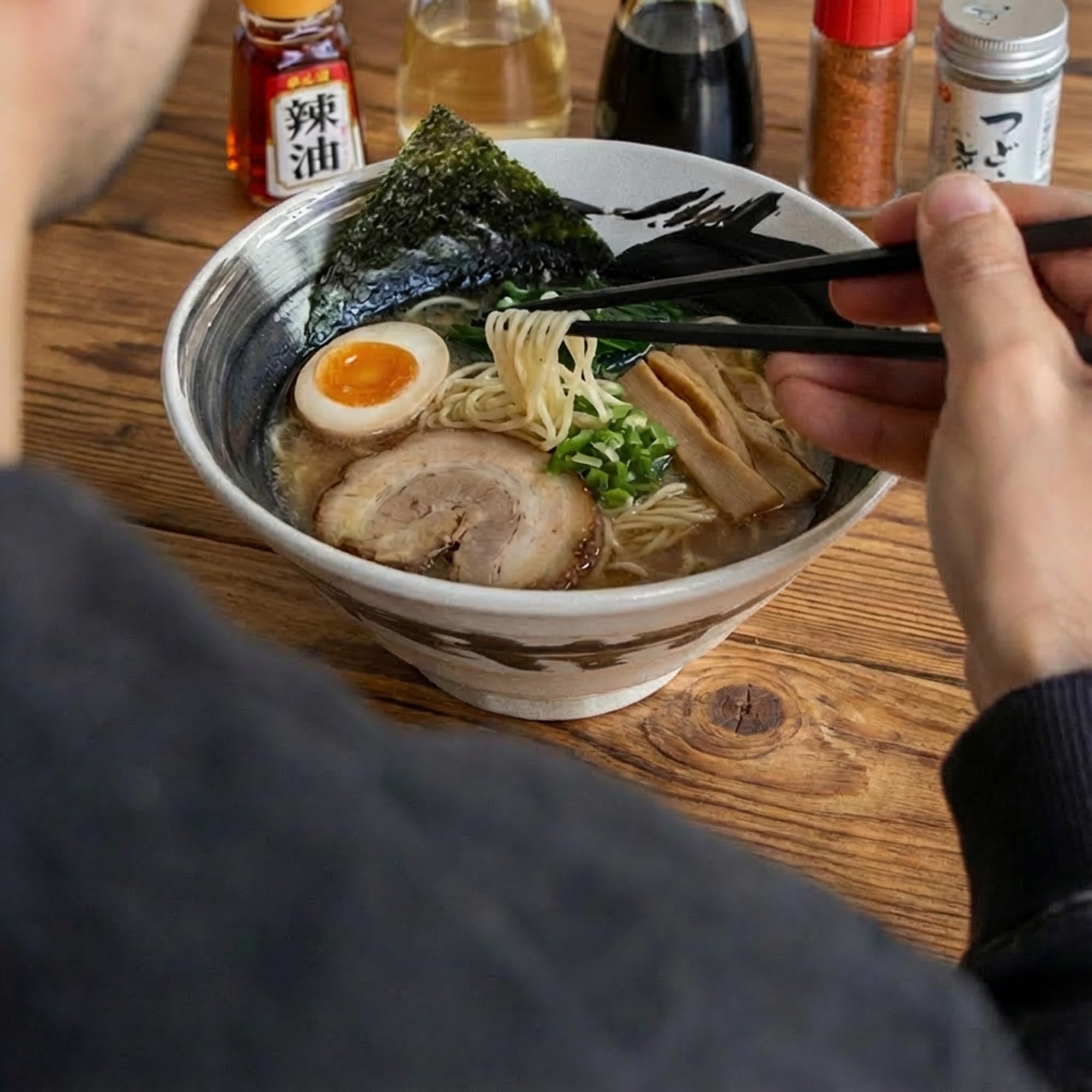 SASUGA Handgefertigte Japanische Keramikschale für Ramen & Udon - Pinsel Strich Nudel-Schale aus Mino-Yaki Porzellan, Weiß