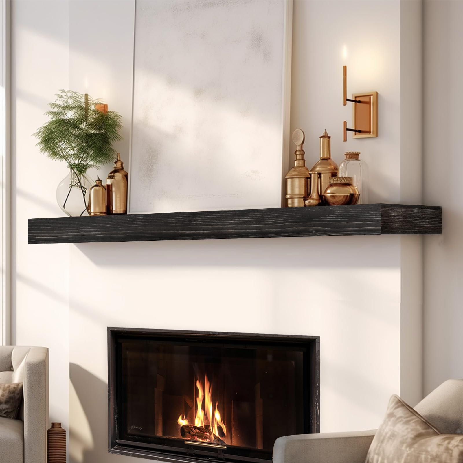 YLYHSST Fireplace Mantel Handmade, 3'' Thick Wall Decor Long Floating Shelf, 72inch Rustic Wood Shelf with Invisible Brackets, Black