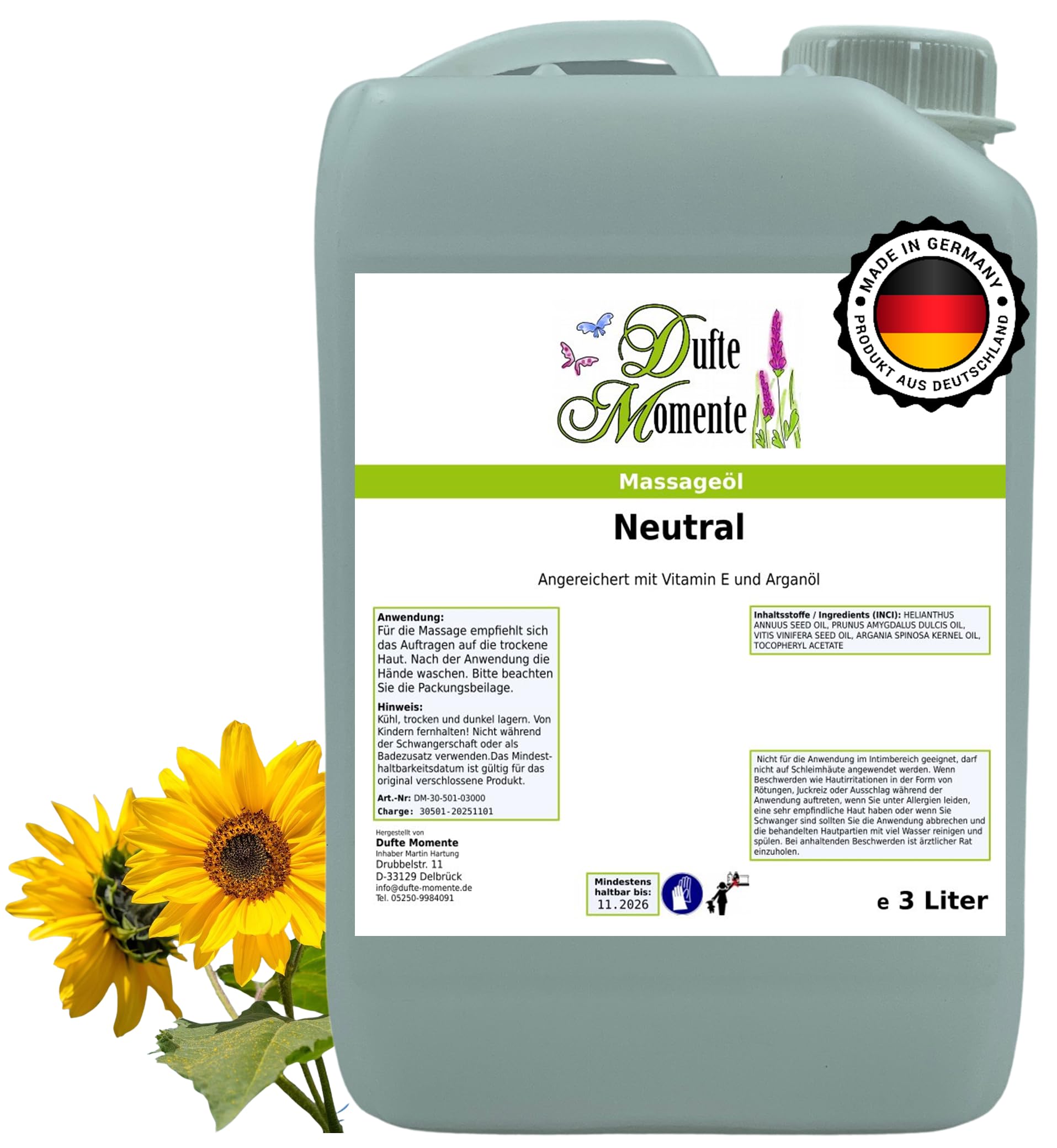 Dufte Momente Massageöl Neutral – 3 Liter – unparfümiertes Basisöl – sanft & hautfreundlich – für Massage, Pflege & Wellness – vegan & Made in Germany