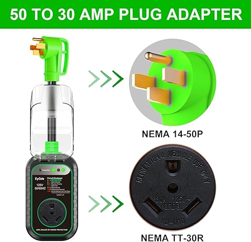 Miniatura 2 de EyGde Adaptador RV de 50 amperios a 30 amperios con protector de sobretensiones, enchufe NEMA 14-50P macho a TT-30R hembra, protección de energía