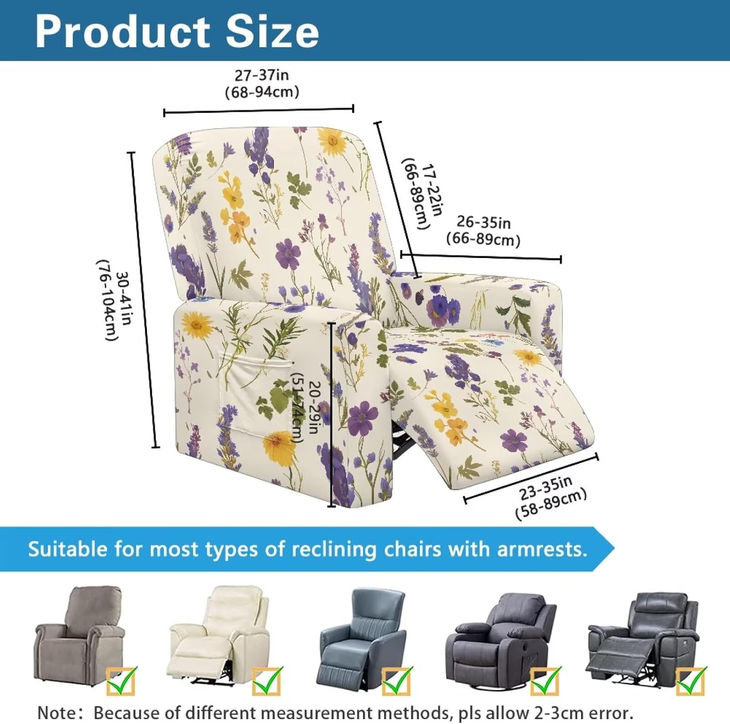 FOR U DESIGNS Floral Leaf Beige Scratch Proof Recliner Covers 4-Piece Stretch Set Stay in Place with Storage Pockets Soft Washable Fabric Pet Hair Resistant for Single Seater