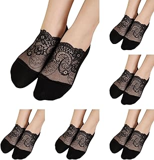 Sundaylike life 6 Pairs Non Slip Invisible Boat Socks Womens Pearl Lace Socks Breathable Invisible Socks Ballerina Socks Non Slip Socks Transparent Low Socks Trainer Socks Ladies