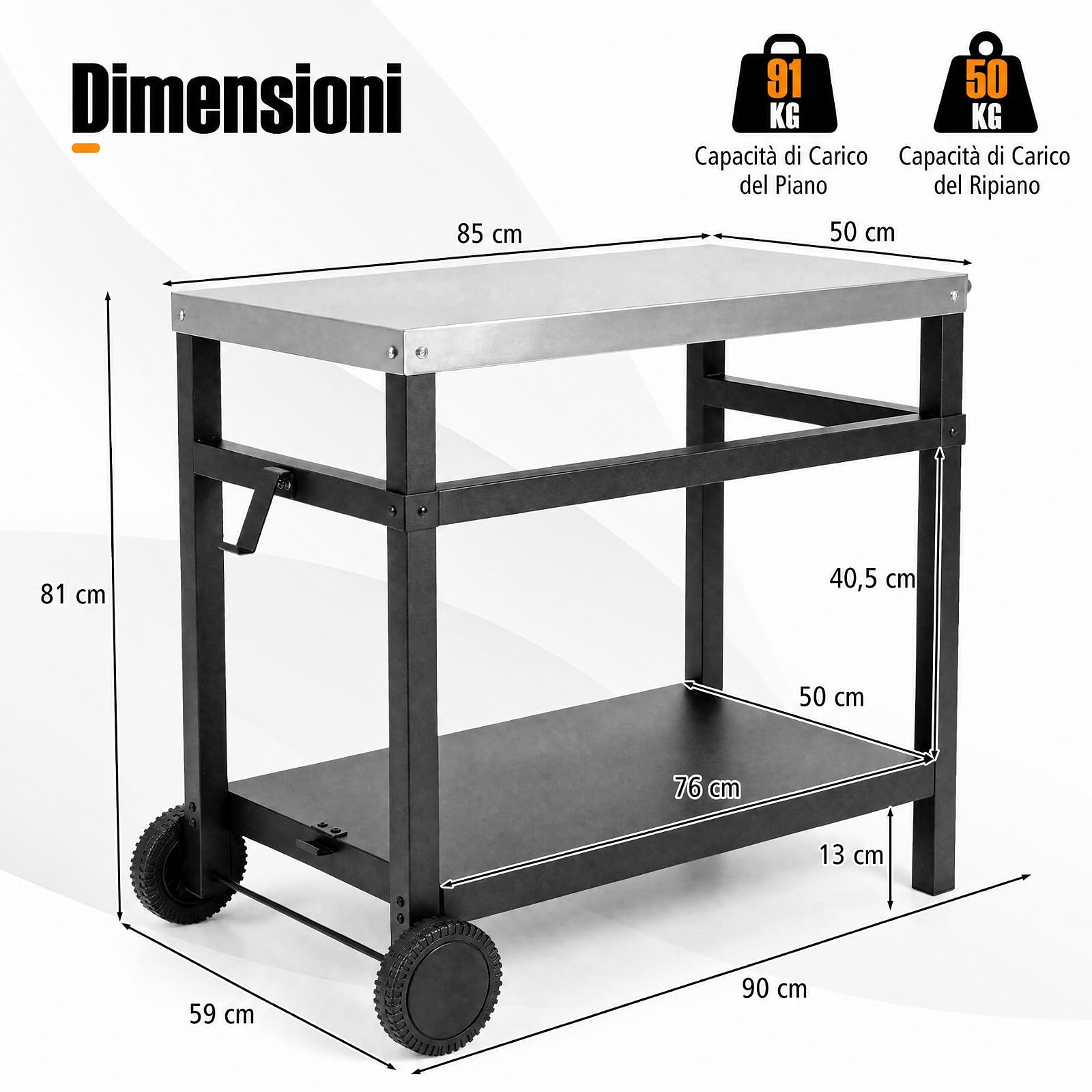 COSTWAY Carrello per Barbecue a 2 Ripiani con Ruote, 90 x 59 x 81 cm