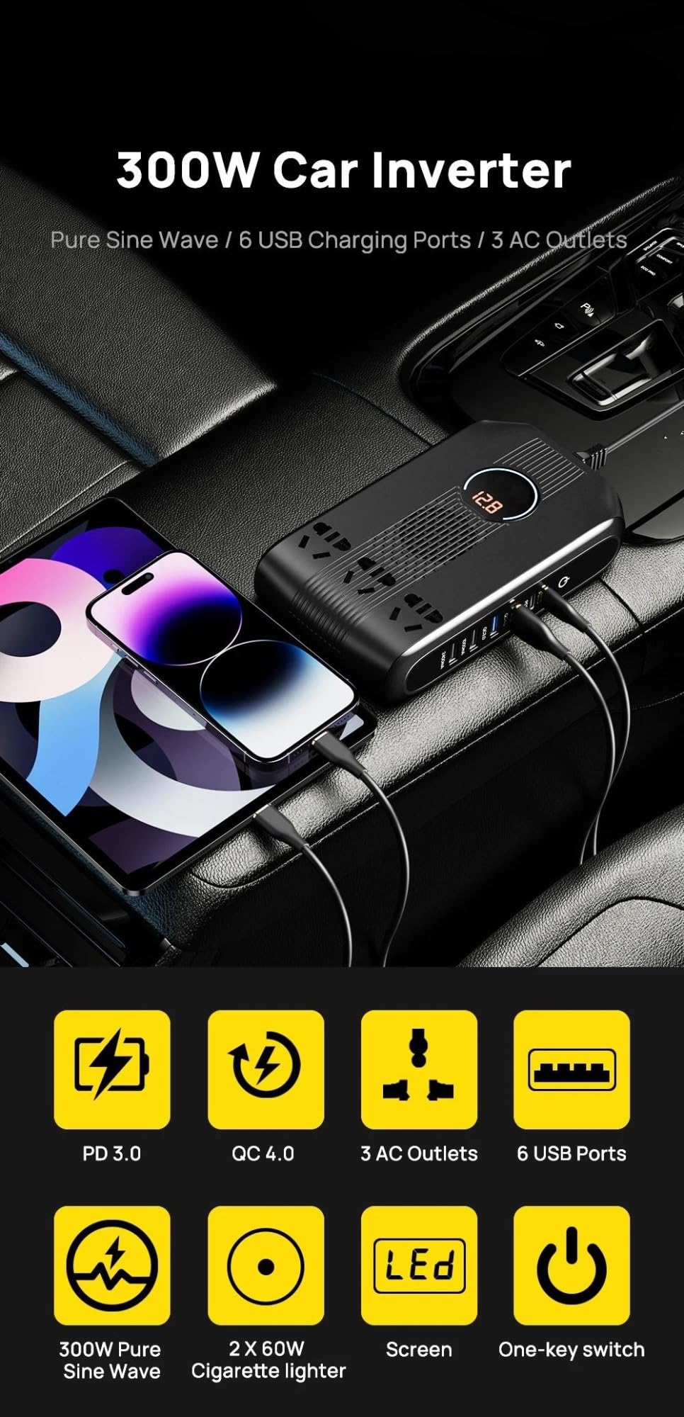 Inversor De 300W 12v 220v Sinus Multi USB C QC4.0 PD3. Carga Rápida Encendedor Divisor Portátil Cargador Coche Transformador Inversor Onda Pura