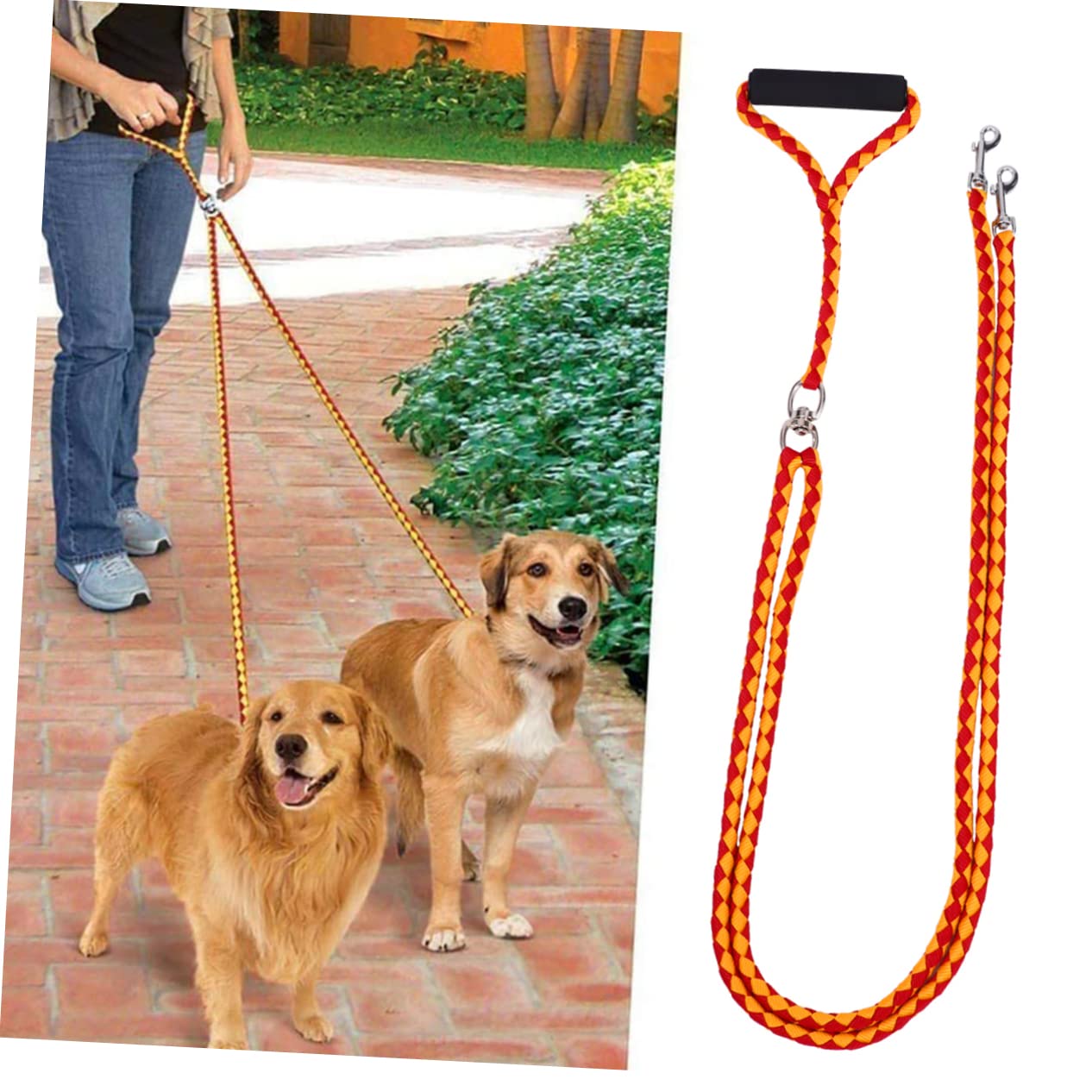 GRIRIW 1Pc Double Headed Dog Training Lead Rope Durable Outdoor Leash for Pet Walking Comfortable Grip for Managing Red Yellow Design