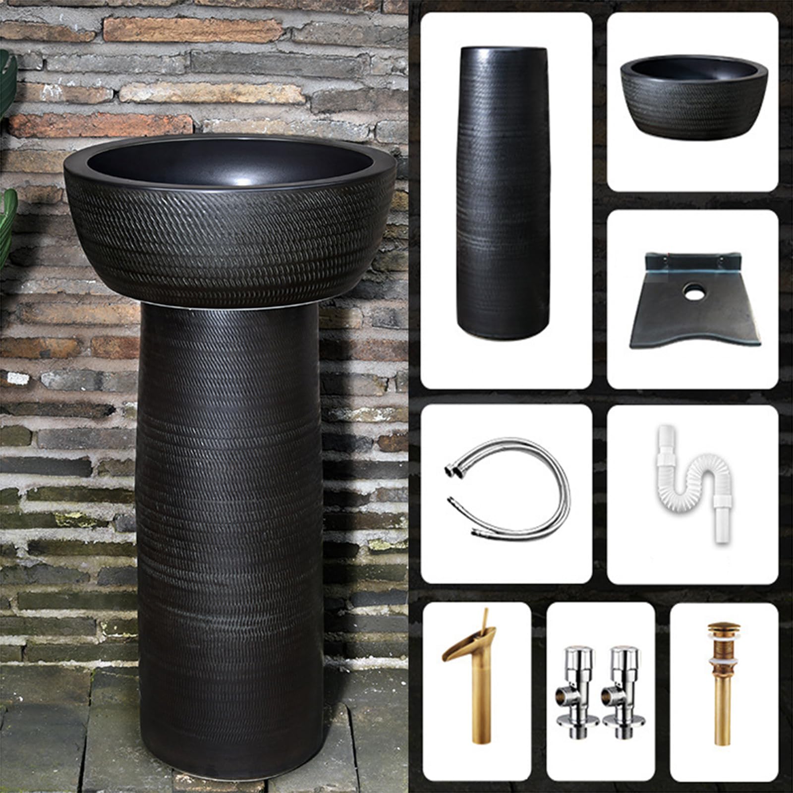 Ceramiczna umywalka łazienkowa, zlewozmywak na cokole z okrągłym, wolnostojącym wzorem i jednym otworem na kran, idealny do użytku wewnątrz i na zewnątrz, 2-częściowy zestaw