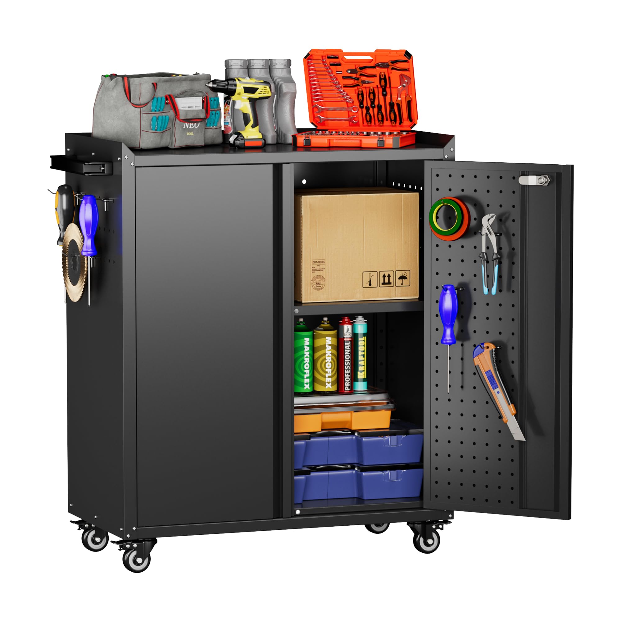 GangMei Garage Storage Cabinet with Wheels & Pegboard, 34.3" H Locking Metal Tool Storage Cabinet with Doors and Shelf & 4 Hooks for Garage, Home, Workshops, Assembly Required, Black