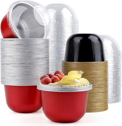 Miniatura 1 de Hacaroa 100 tazas de papel de aluminio para hornear con tapas de cúpula, forros desechables para cupcakes de 6 onzas, recipientes reutilizables para