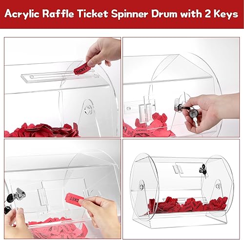Miniatura 5 de MOJIEZUO Tambor de rifa de acrílico, tambor giratorio profesional con 4000 boletos rojos de rifa doble, caja de boletos de rifa giratoria para