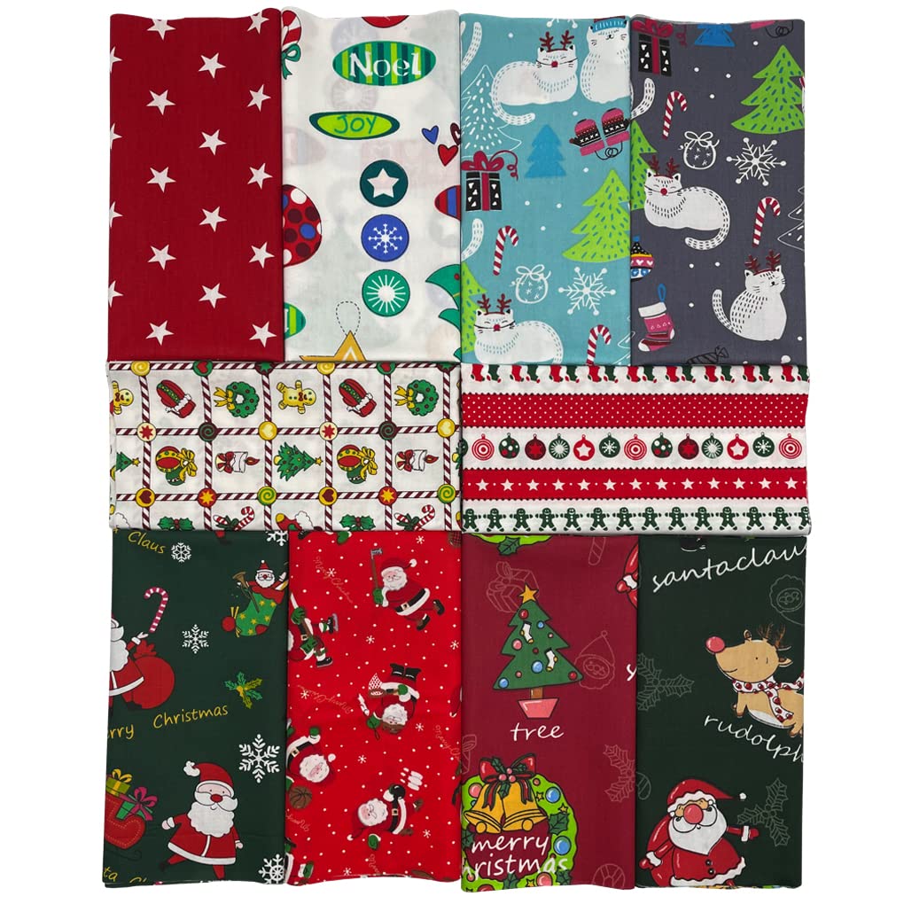 10PCS Cotton Fabric Bundles Christmas Patterns 40x50cm, Patchwork Fabric Fat Quarters Printed Fabrics Craft Cloths Bundles for Sewing, Quilting, DIY Decoration,Scrapbooking, Handwork (40x50 cm)