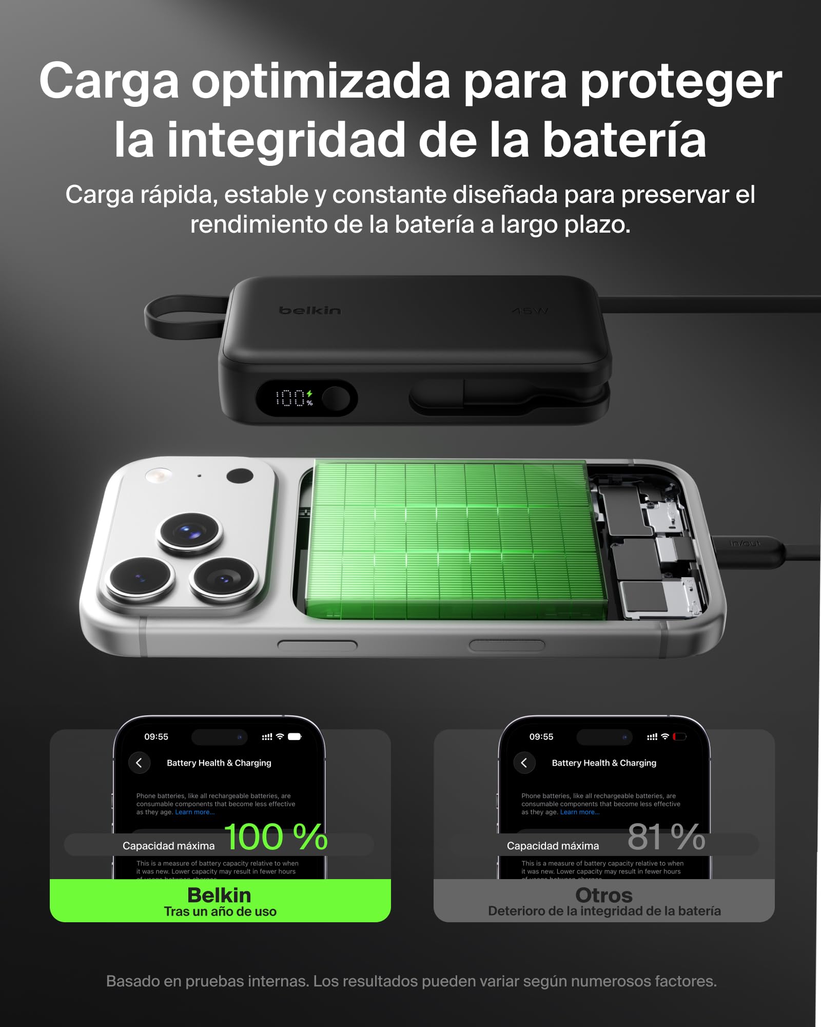 Belkin UltraCharge Batería Externa 10000mAh Cable USB-C y Pantalla - Negro | Power Bank de 10000 mAh, 1 Puerto y 1 Cable USB-C, 1 puerto USB-A, 45 W, LED, Apta como Equipaje de Mano y con Pantalla