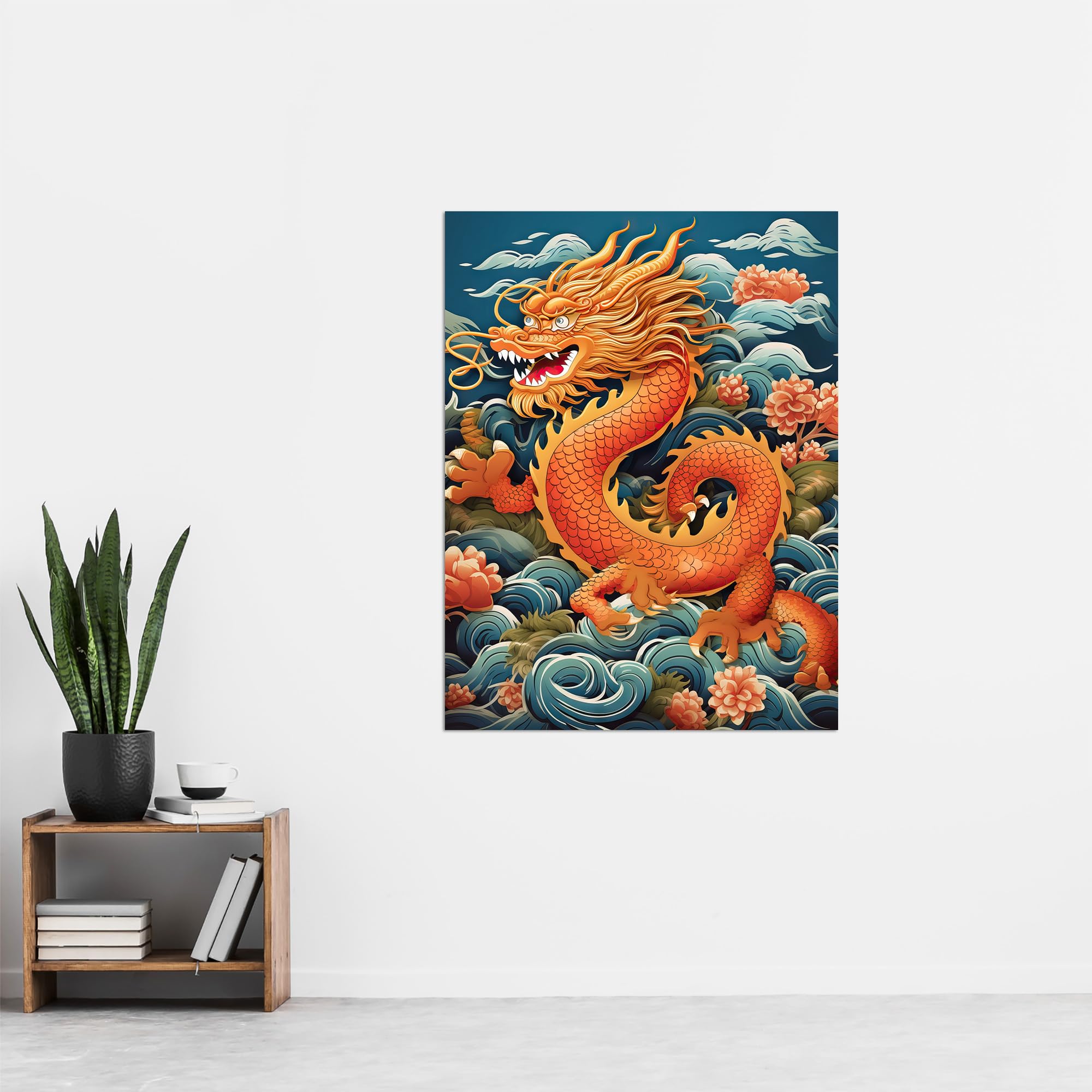Artery8 Fantasy Chinese Dragon Traditional Orange Clouds 2024 Chinese Year Of The Dragon Extra Large XL Wall Art Poster Print - Image 4