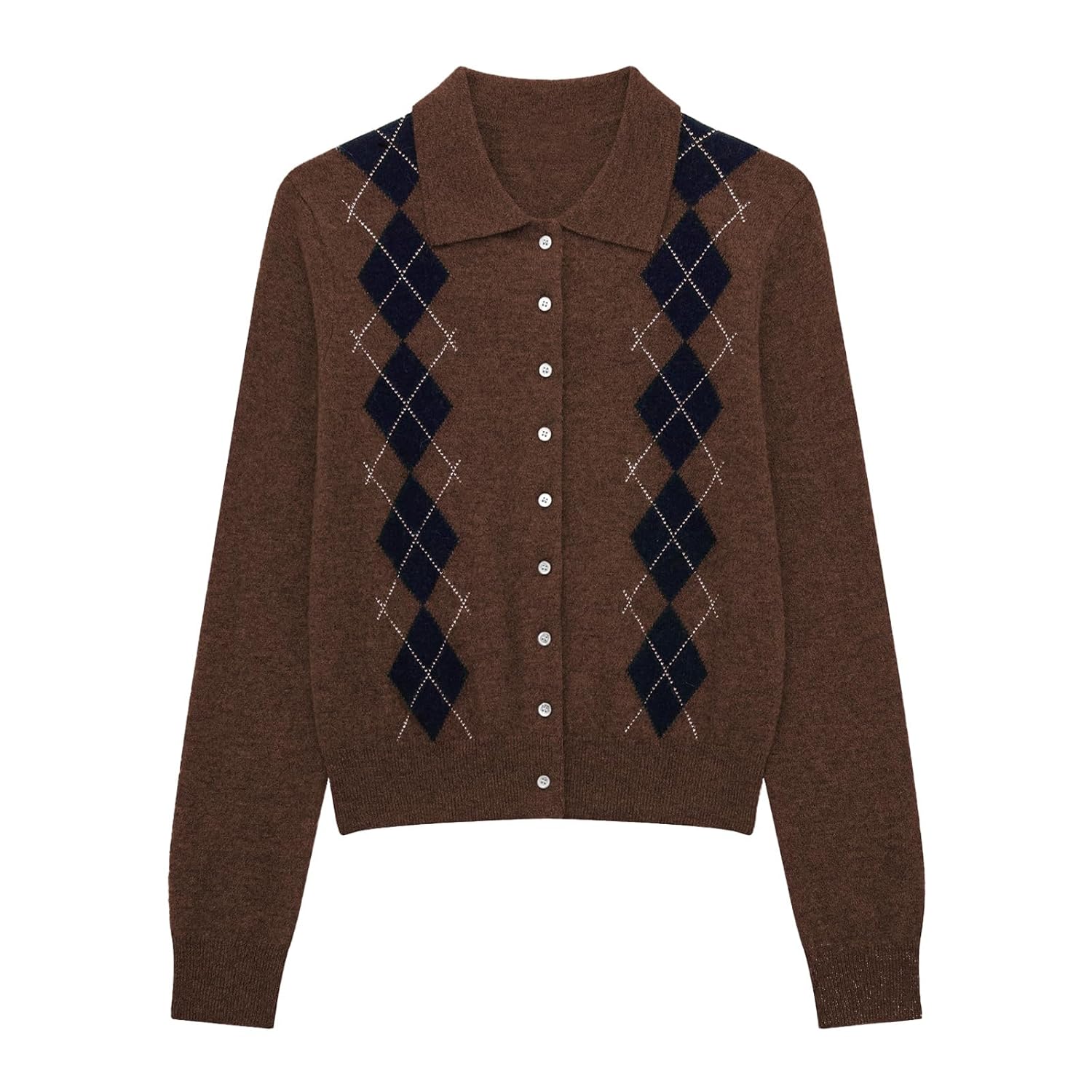 Women Argyle Jacquard Cropped Cardigan Sweater Casual Button Down Lapel Knit Cardigan 2025 Fall Fashion Knitted Jacket