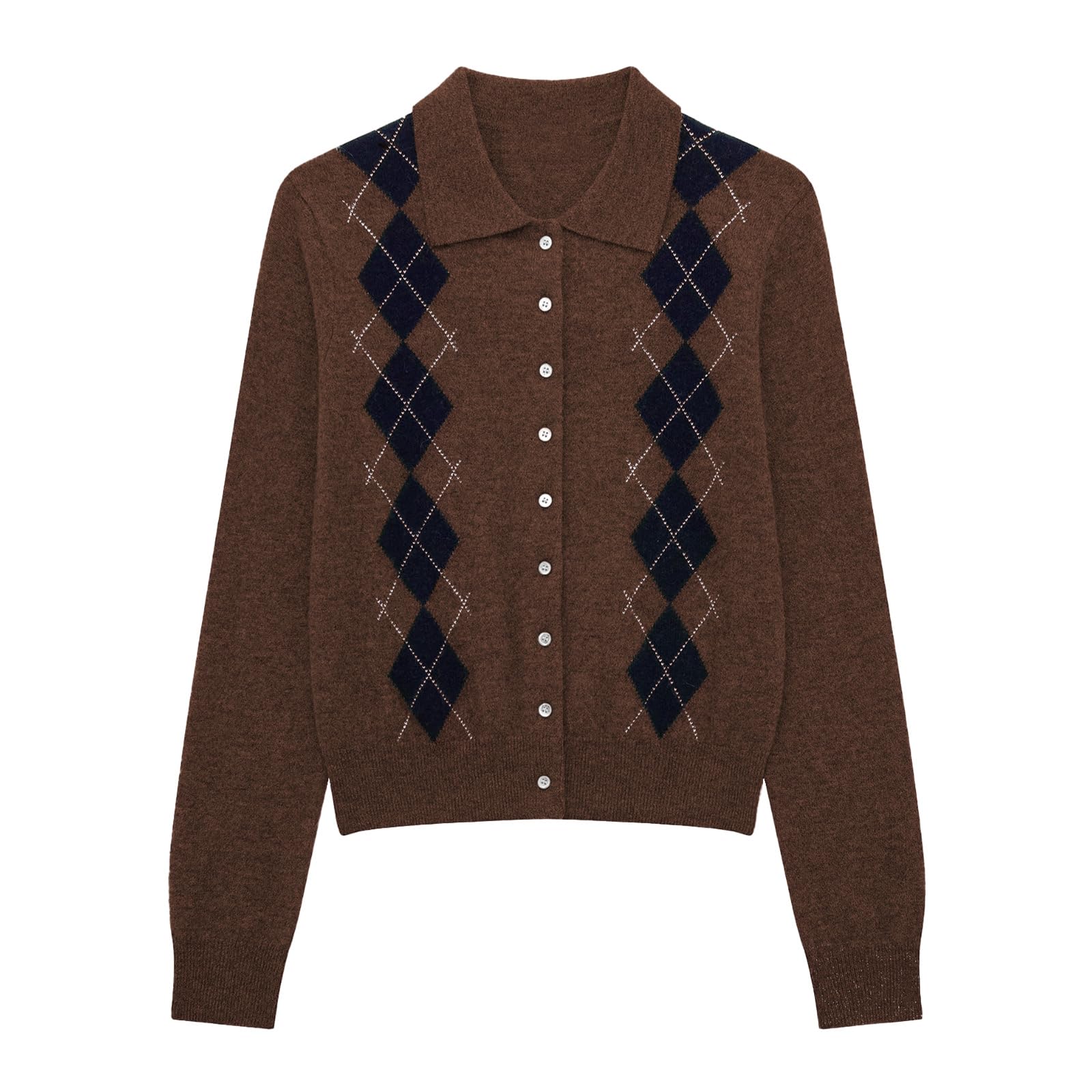 Women Argyle Jacquard Cropped Cardigan Sweater Casual Button Down Lapel Knit Cardigan 2025 Fall Fashion Knitted Jacket