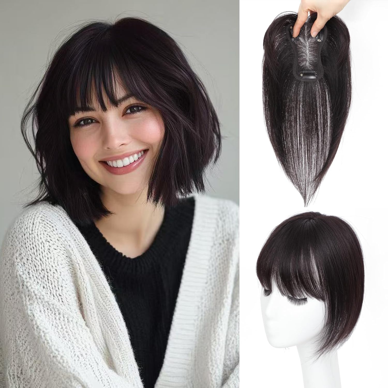 Hair Toppers for Women Real Human Hair Toppers with Bangs 4.5 * 3 Inch Upgrade Swiss Lace Base Human Toppers for Women with Thinning for Cover Gray Hair Roots（Ombre Light Brown with Blond Highlight）