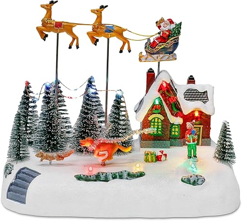 Aldea de Navidad animada con trineo de Papá Noel y renos, aldea de casa iluminada con LED con figuras en movimiento, decoración musical de Navidad