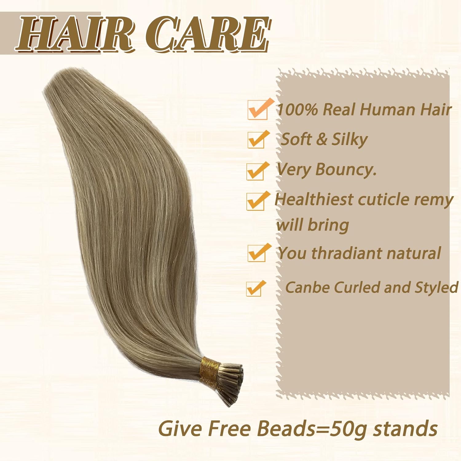 I Tip Hair Extensions Human Hair 50g, Balayage Ash Blonde with Platinum Blonde Highlights, Straight 18" Keratin Itip Extensions