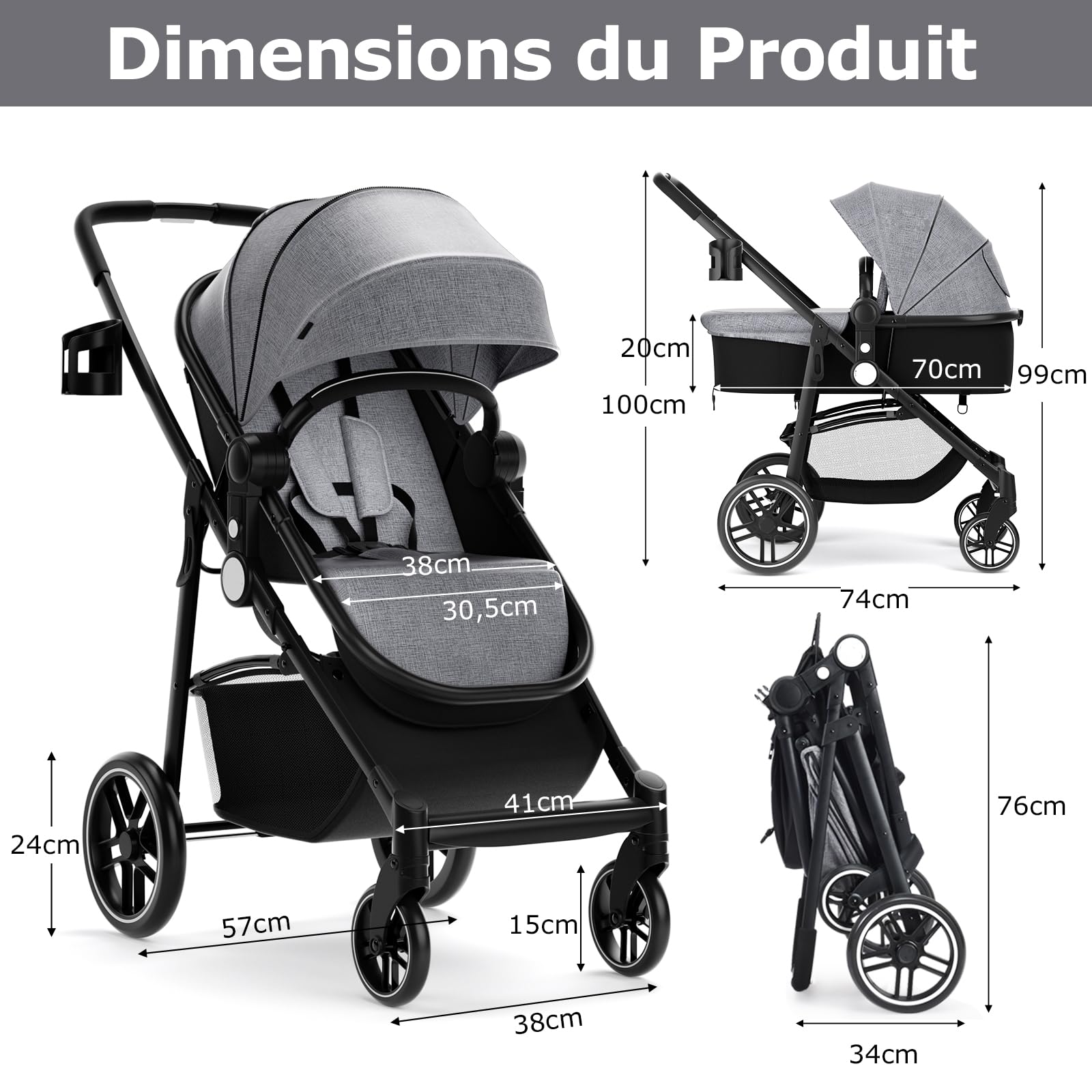 DREAMADE Poussette Légère Compact Bébé à 15 KG avec Siège Réversible&Auvent Réglable,Poussette Canne avec Panier de Rangement,Harnais de Sécurité,Landau Enfant 6-36Mois Pliant en un Clic (Gris)