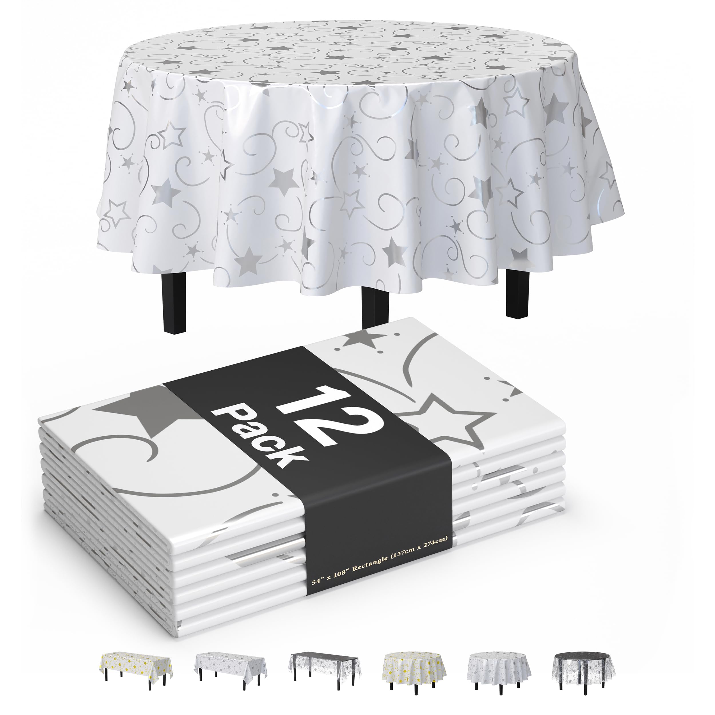 Exquisite Silver Silver Star Round Tablecloth 84" - 12 Pack