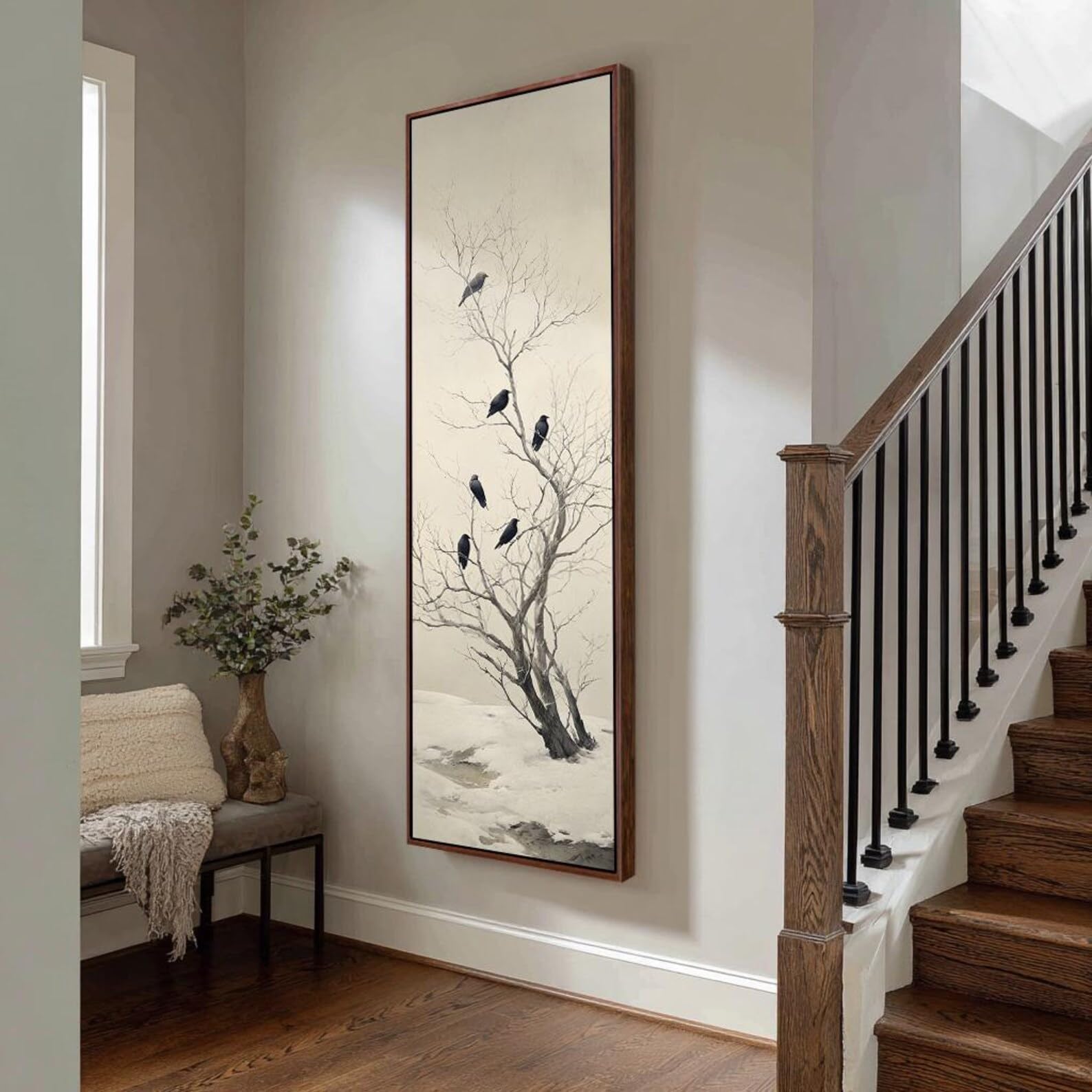 YUSUZHU Quadro verticale con uccello, grande stampa su tela incorniciata, quadro alto e sottile per soggiorno, dipinto di ramo sottile, decorazione (20x60 cm/cornice interna)