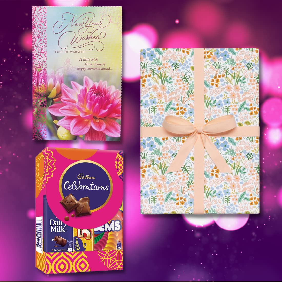 Almoda Creations New Year Gift Item, Greeting Card, Cadbury Celebration Chocolate Box(59.8 gm) with Gift Wrap and Customize Message Option (New Year Chocolate Gift Hamper)