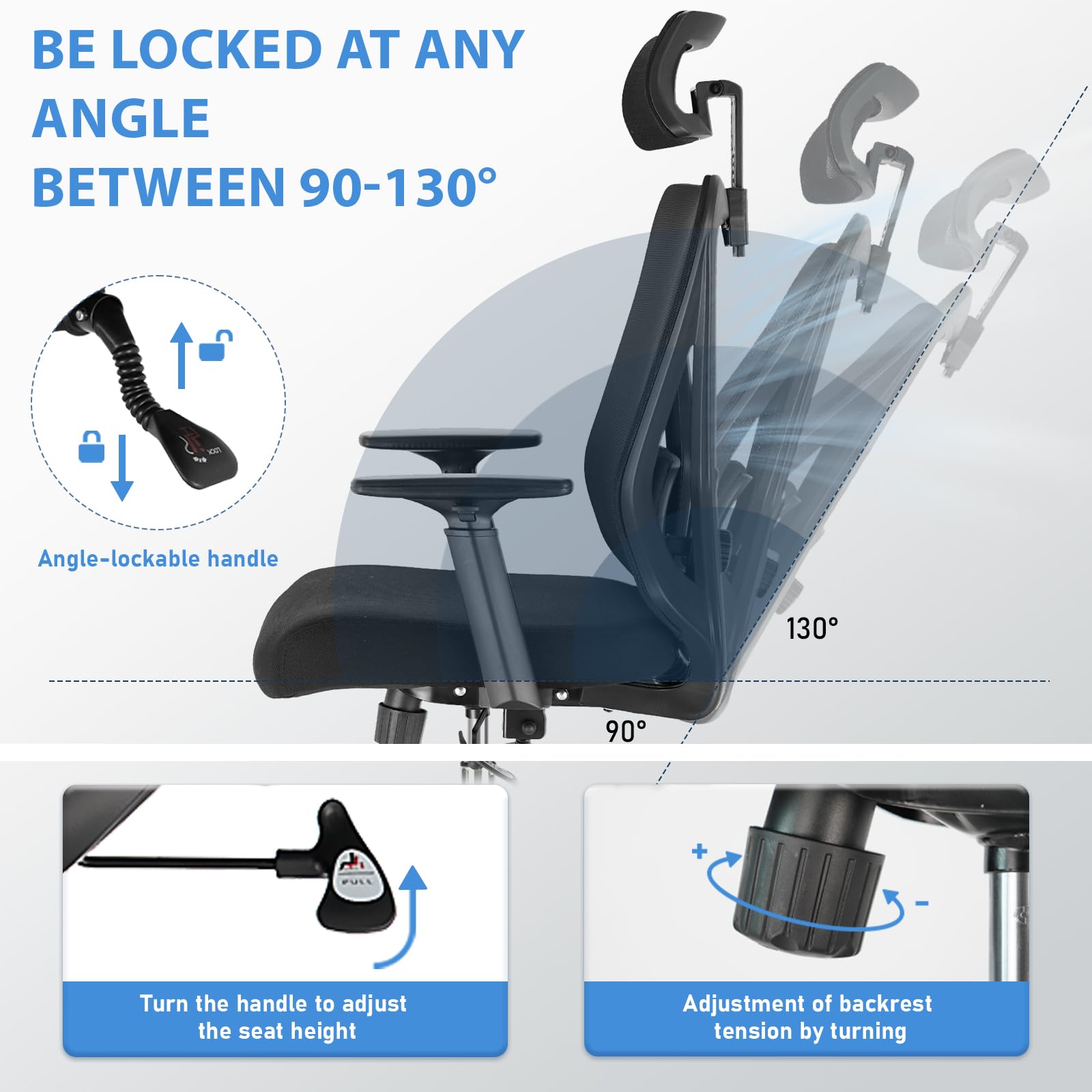 Durrafy Sedia Ufficio Ergonomica, Sedia Scrivania con 2D Poggiatesta, Supporto Lombare Regolabile und Braccioli, 90°-130° Reclinabile Poltrona Ufficio in Rete Traspirante per la Casa, Ufficio e Gaming