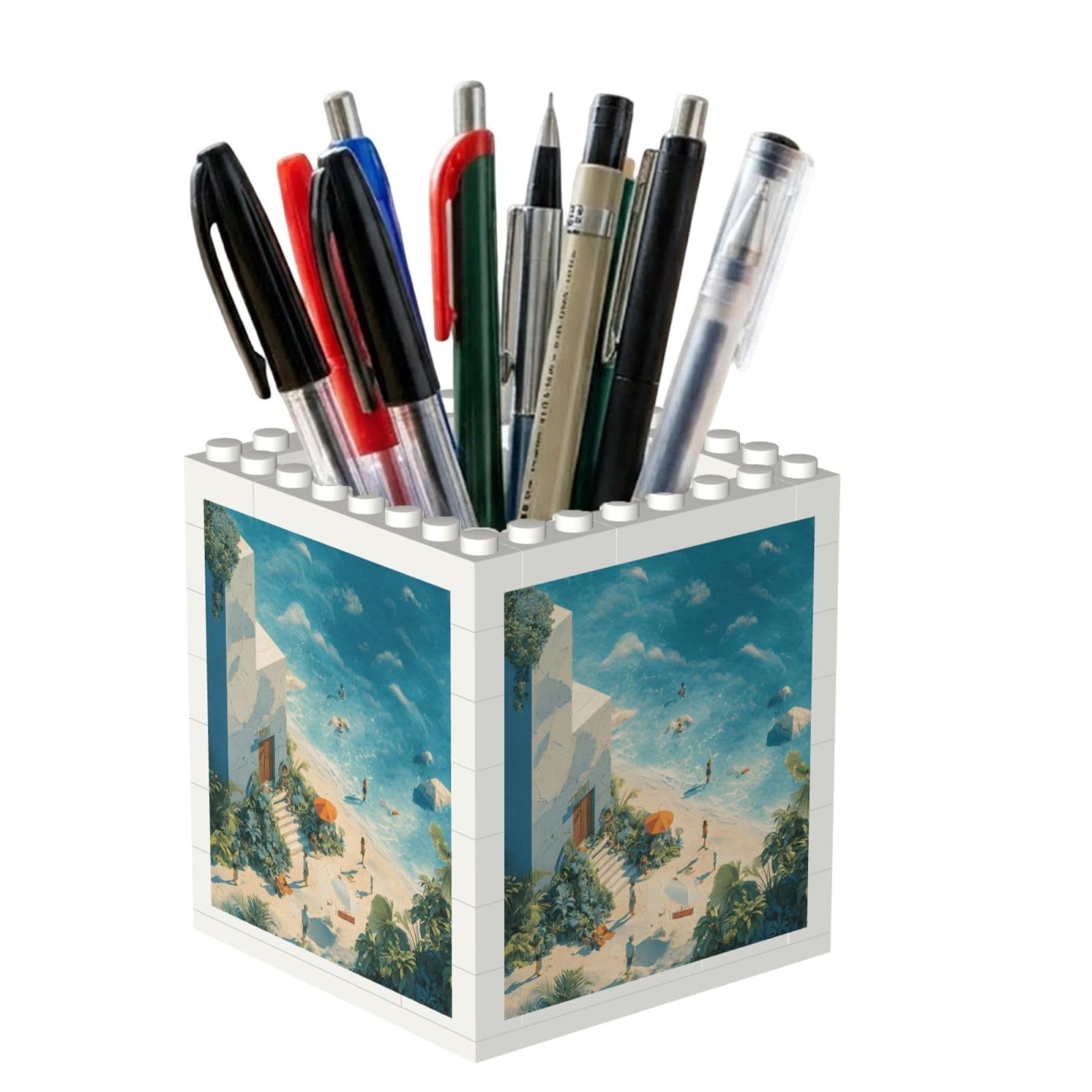 ESNAIUVCD Summer Print Building Block Pen Holder - Pencil Holder For Desk/Classroom,Desk Accessories, Multifunctional Office Supplies Pen Organizer Pencil Cups(2pcs)