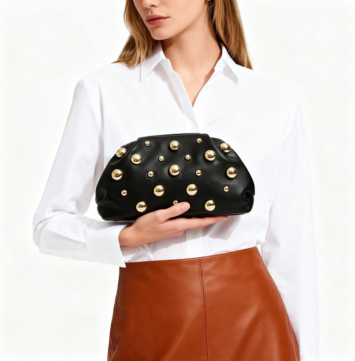 Clutch Purses for Women, Pleated PU Leather Handbag, Elegant Studded Bag, Formal Evening Bags for Galas, Proms Party | PU Leather