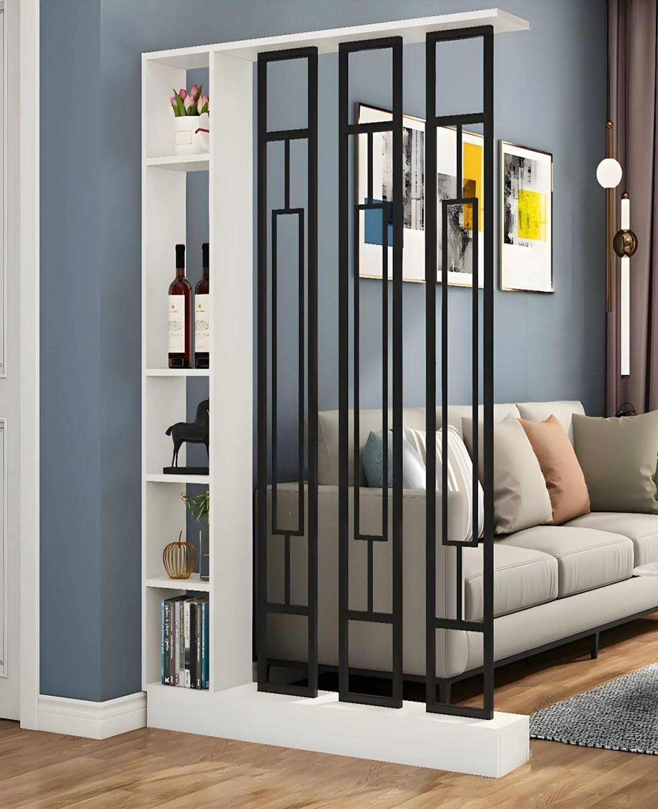 Kavie Wall Room Divider Bookshelf, Modern Wood Bookcase with Translucent Screens Storage Cabinet for Stylish Home Office Decor Display (White+Black,47" L x 9.5" W x 79.5" H)