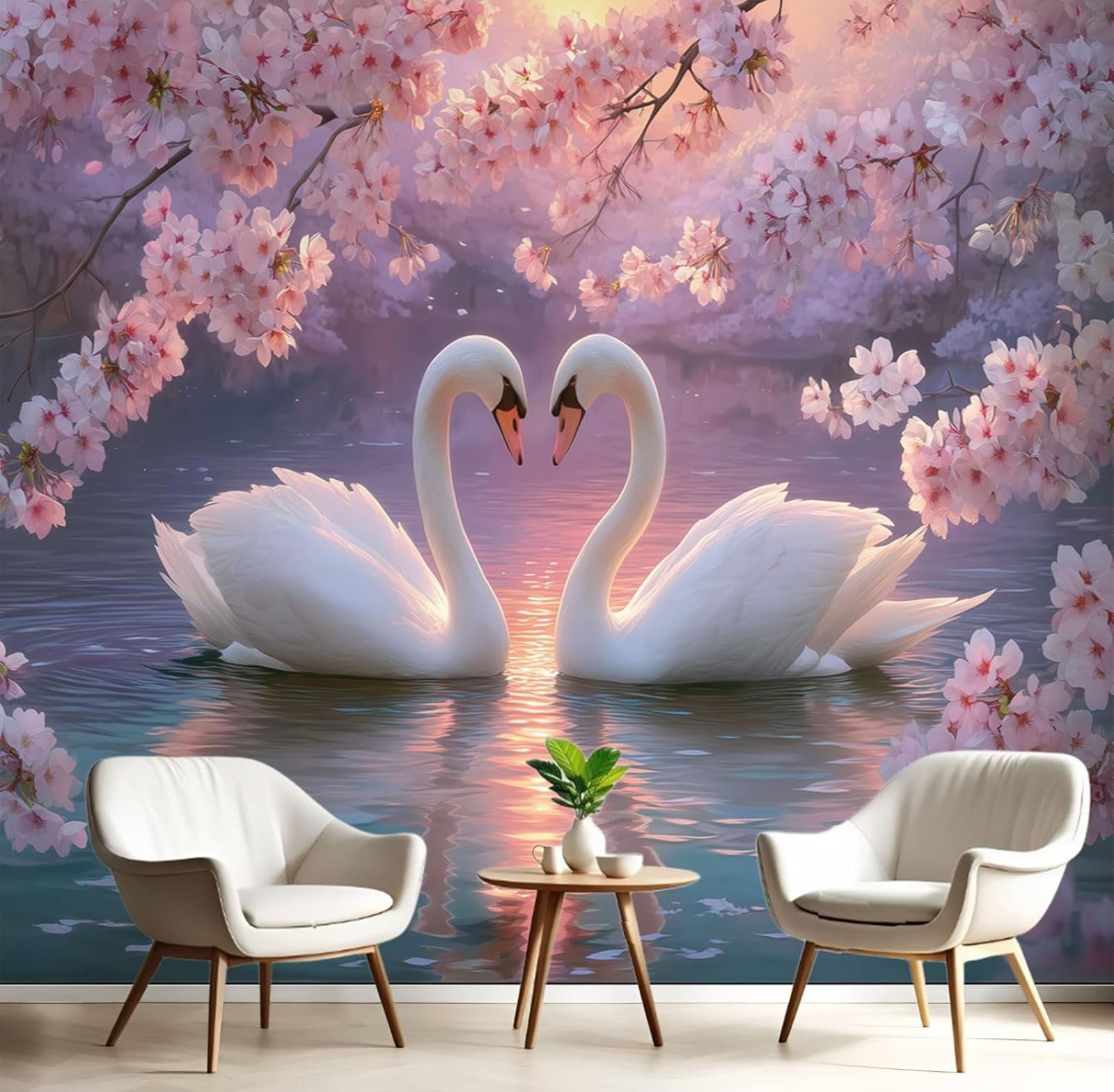 kfjhgbdshhj Wallpaper 3D Swans Cherry Blossoms Non-Woven Wall Picture, Nature Flowers Animals Non-Woven Bedroom Living Room TV Background,400cmx280cm Stickers - Frameless Painting - Poster