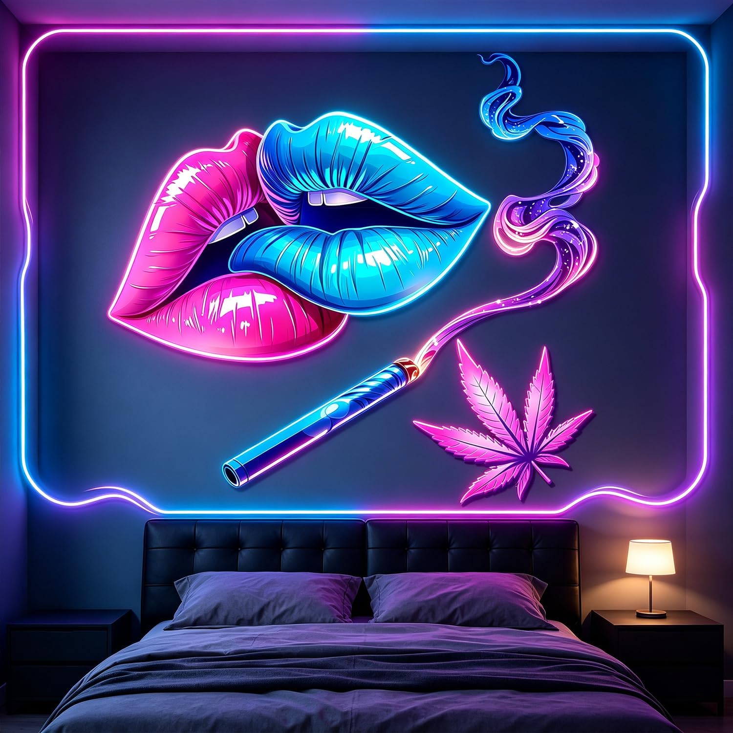 Neon Pink Blue Gradient Lips Swirl Galaxy Smoke Pop Art Wall Decals Decor | Removable peel & stick vinyl mural vibrant neon design renter-friendly no-residue wall sticker murals for bedroom dorm studio