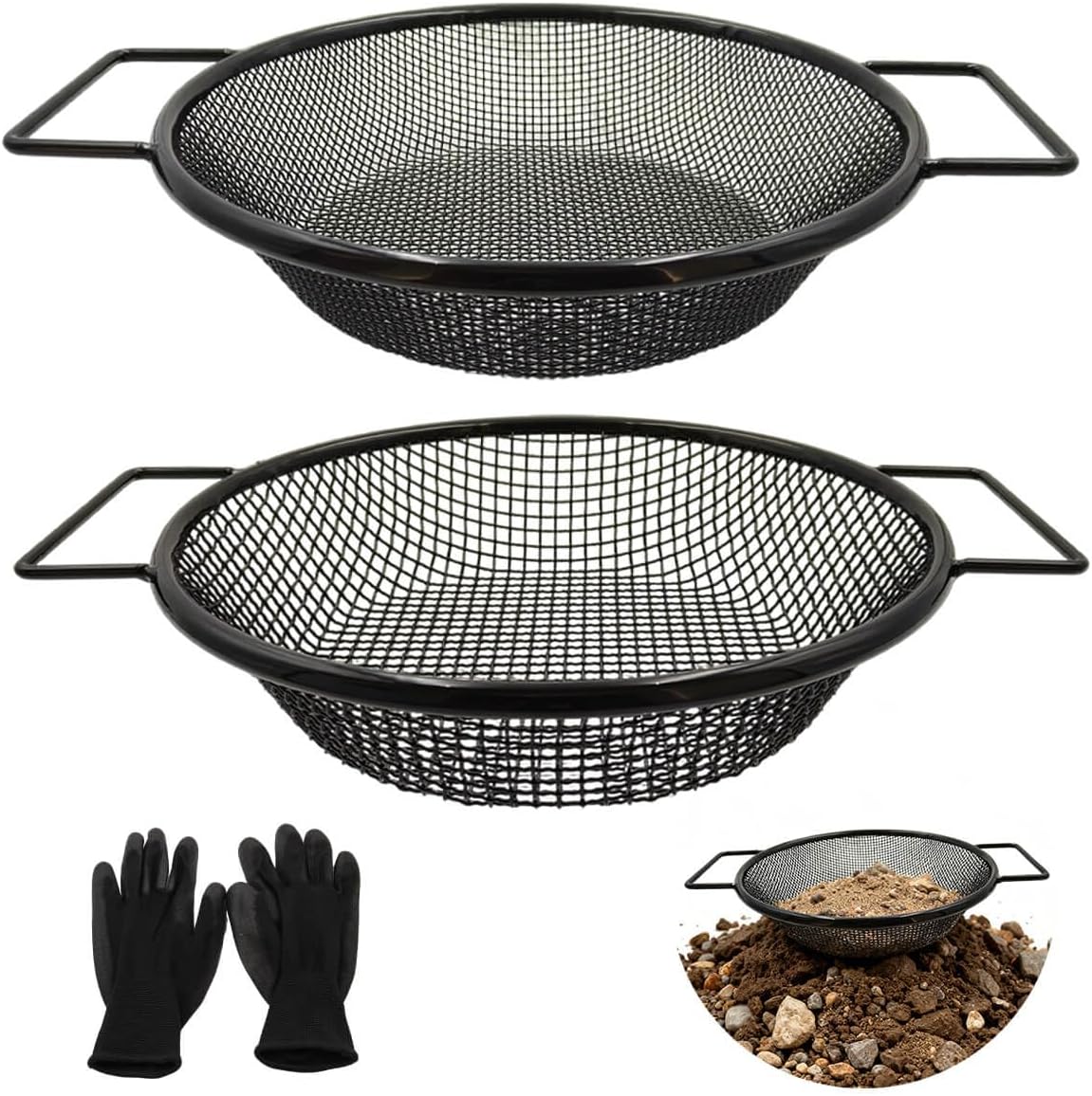 Black Dirt Soil Sifter for Gardening - 2Pcs Multi Mesh Size Set (1/8",1/4") Heavy Duty Garden Sieve with Dual Handles, Ideal for 5 Gallon Bucket Compost, Dirt, Sand, Gravel, Rocks & Sawdust Sifter