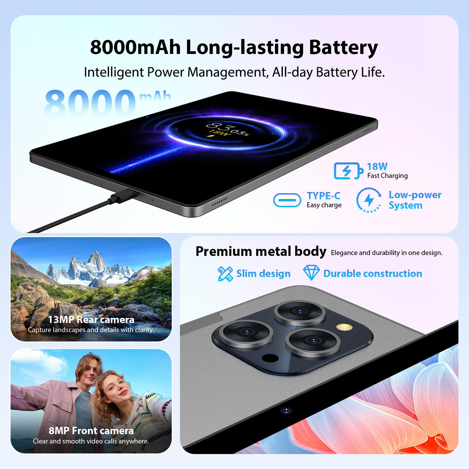 Tablet 11 Pulgadas Android 16 con 36GB RAM+512GB ROM (2TB TF), 4G LTE & 5G WiFi, Octa-Core 2.0GHz, 8000mAh, 13MP+8MP, Widevine L1,Gemini AI, GPS, BT 5.0, Tablet con Teclado, Gris
