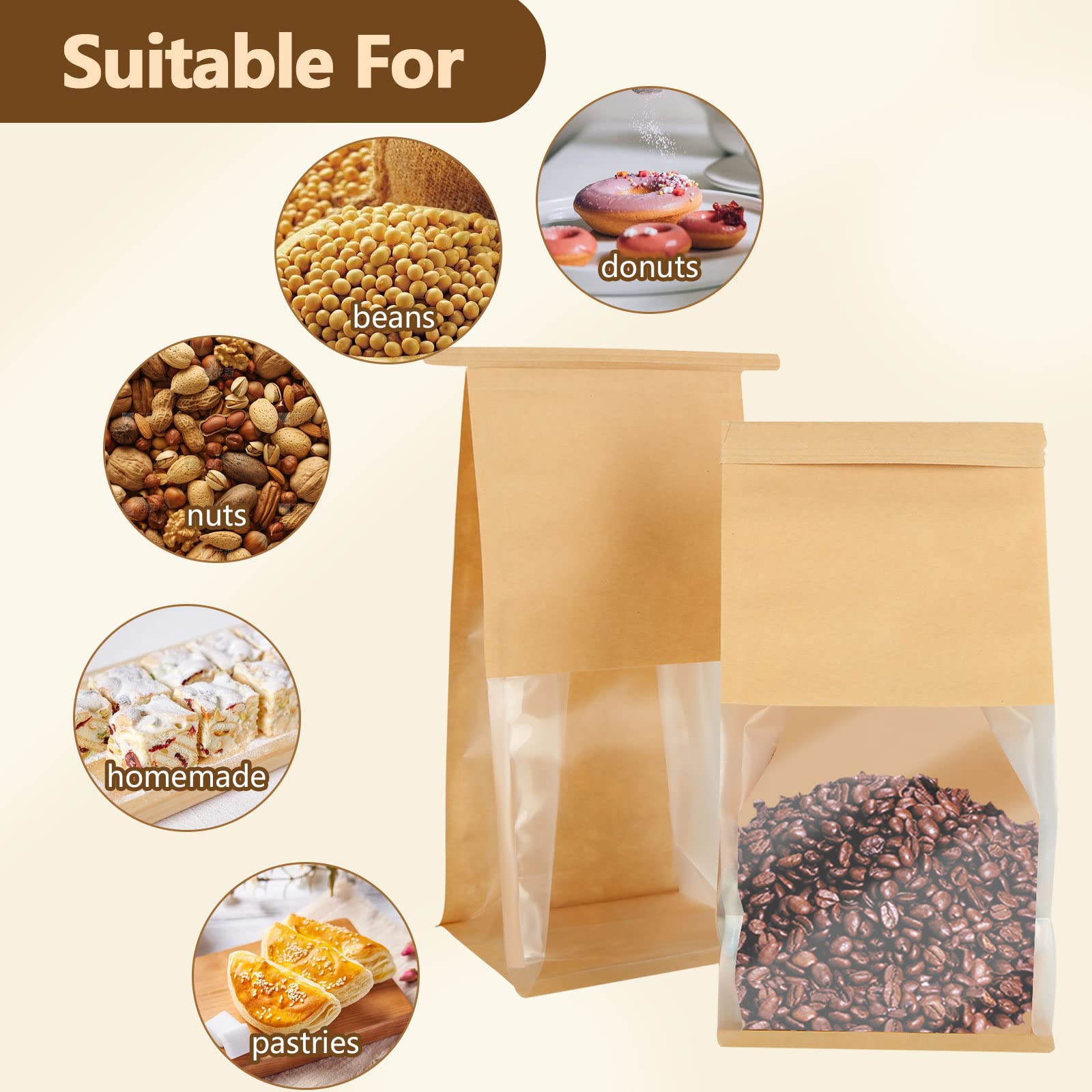 QTLCOHD 100 bolsas de panadería con ventana, 5.1 x 4.3 x 11 pulgadas, bolsas de pan de papel marrón, bolsas de papel de hojaldre con cierre de pestaña para embalaje de galletas, pan, palomitas de