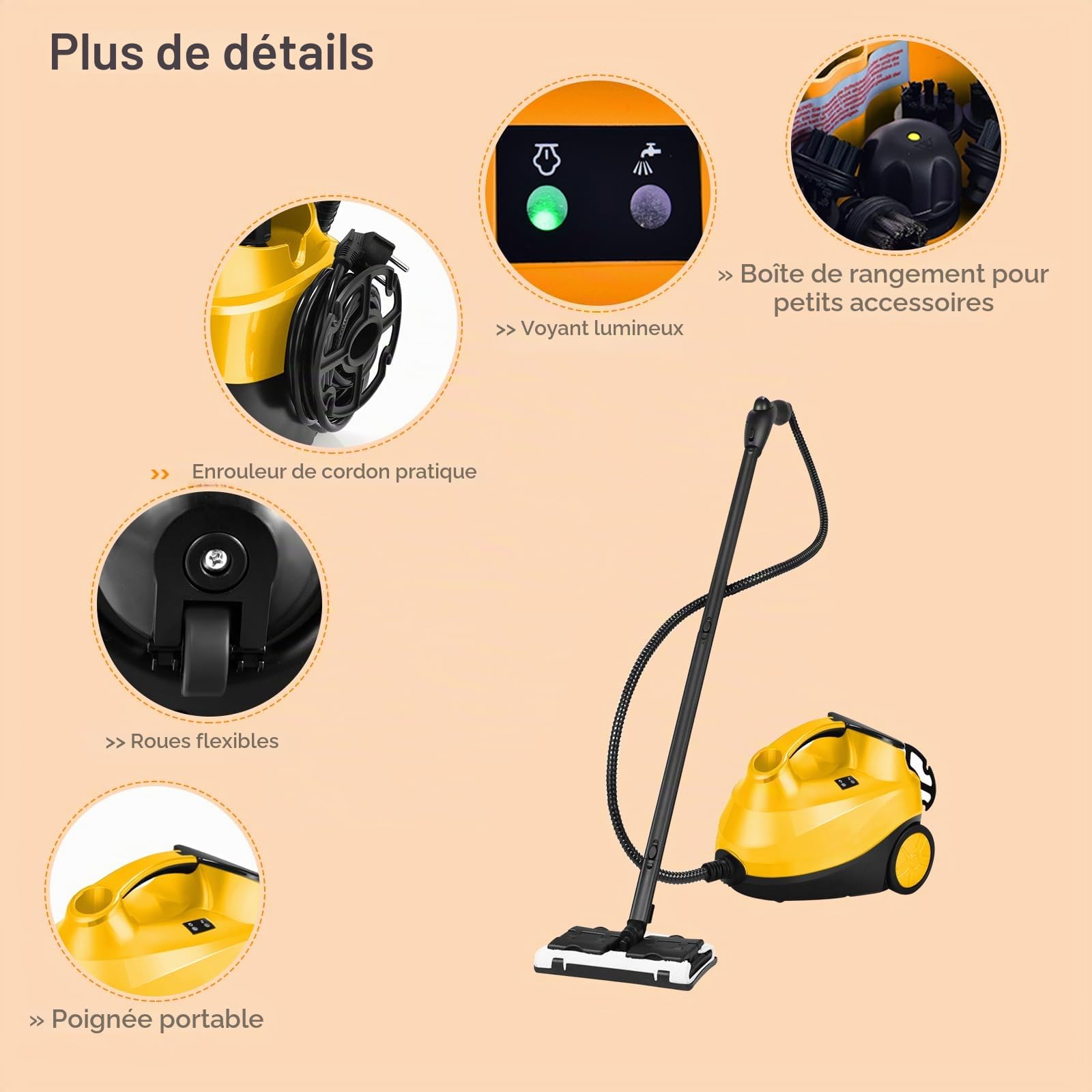 SOARS Nettoyeur Vapeur à Main 2000W, Pression Vapeur : 4 Bar, Max. 108℃, Temps de Préchauffe : 5-6 Min, Réservoir d'Eau : 1,5L, avec 19 Accessoires, pour Canapé, Sol, Fenêtre, Cuisine (Jaune)
