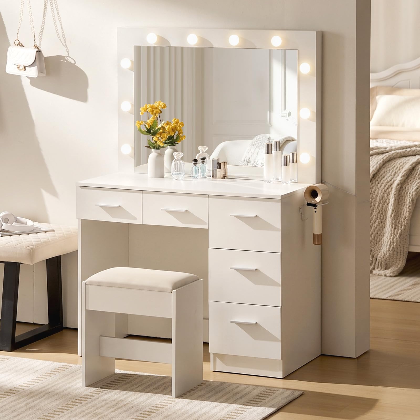 TUKAILAi Dressing Table with Charging Station, LED Lights & 5 Drawers