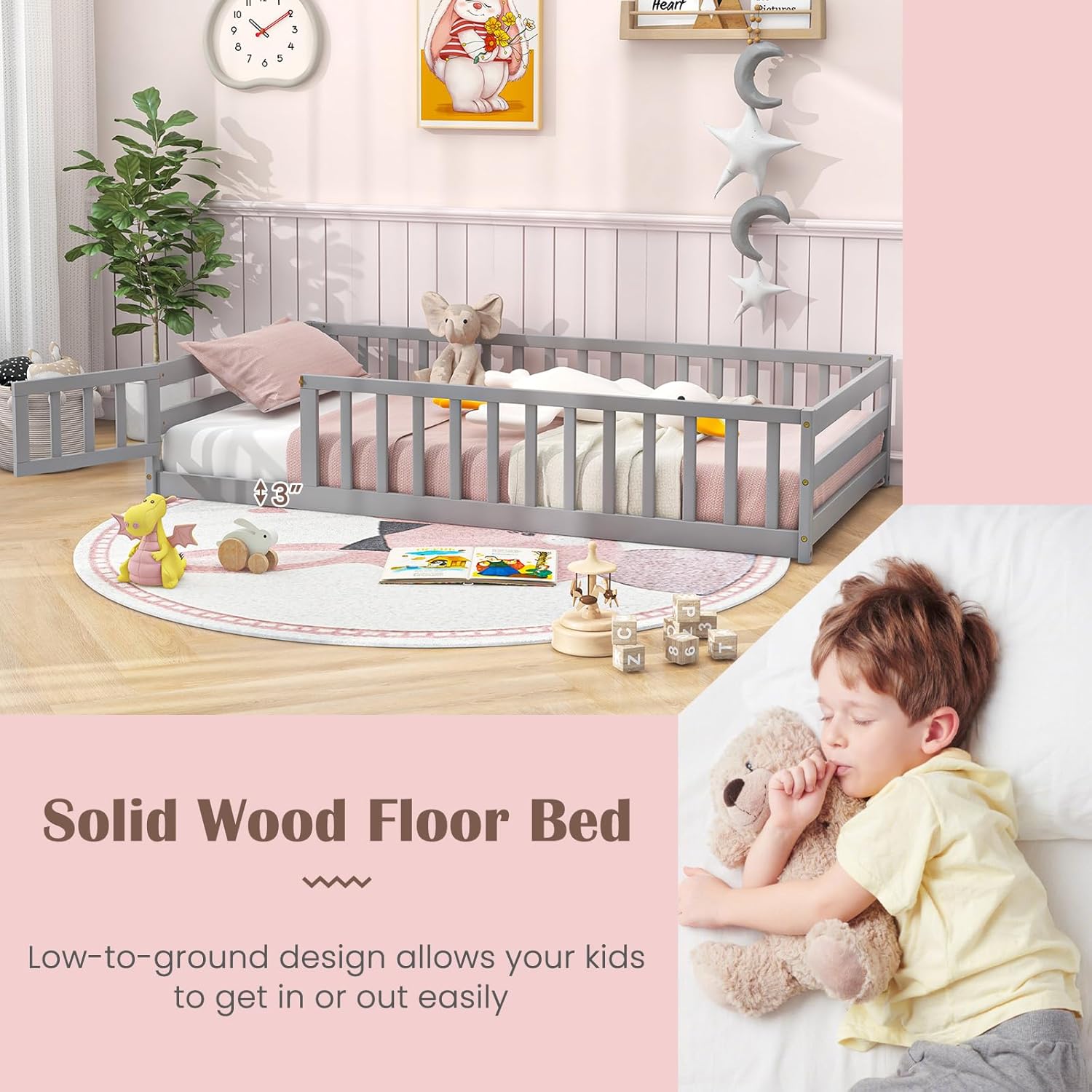 Giantex Twin Floor Bed with Fence for Kids, Wood Montessori Frame with Door and Safety Guardrails, Floor Bed for Kids, Boys, Girls, No Box Spring Needed, Without Wood Slats(Grey)