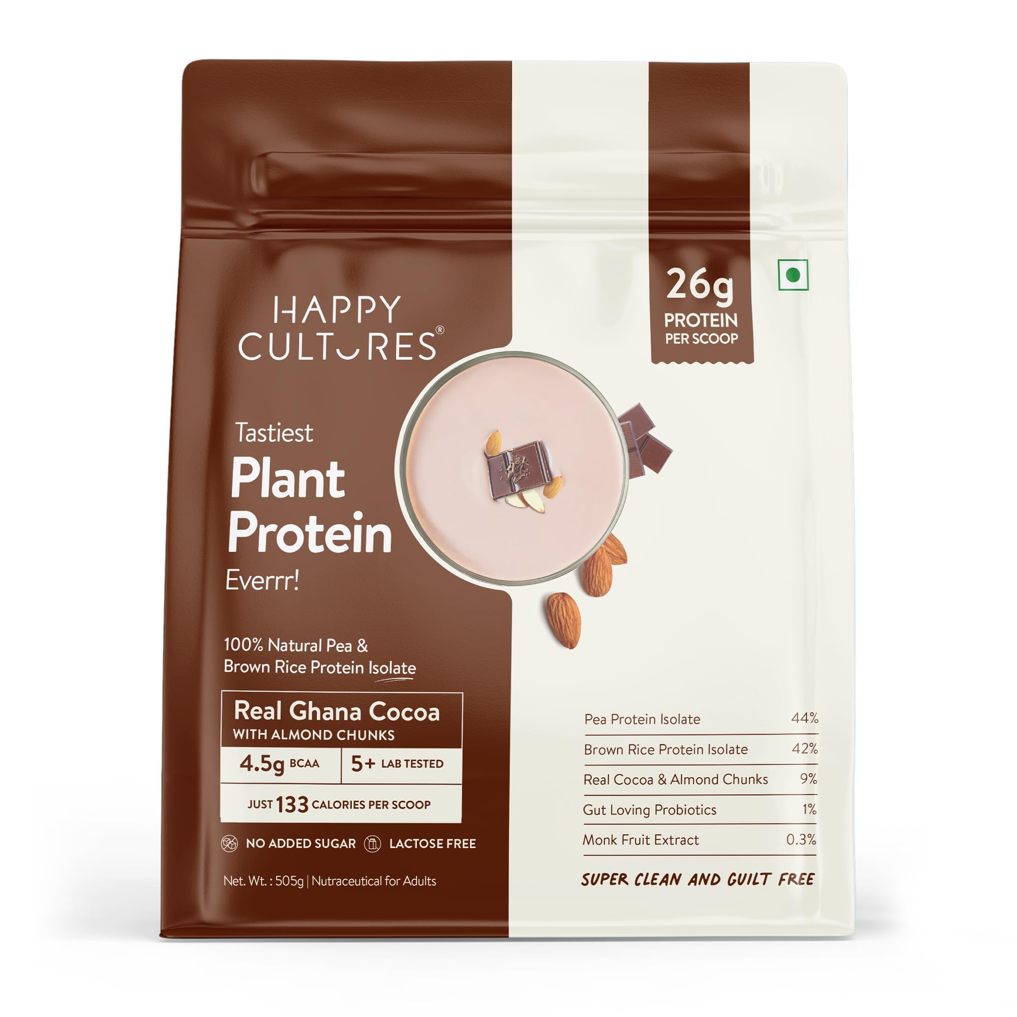 Happy Cultures 26g Tastiest Plant Protein| Chocolate (Ghana Cocoa) & Almond Chunks | Pea & Brown Rice Protein Isolate| No Added Sugar| Vegan| 20 Complete Amino Acids |Monk Fruit Extract| Women & Men| No Bloating, Easy to Digest| Dairy Free with Probiotics - 505g-image-23