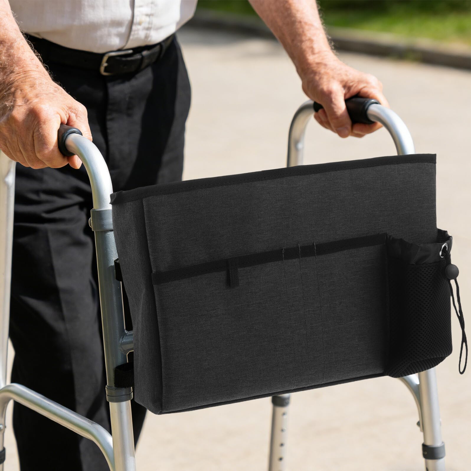 Bolsa Lateral para Andador Plegable de Gran Capacidad en Poliéster Negro | Compartimentos Múltiples, Acceso Rápido, Uso Interior y Exterior, para Movilidad y Silla de Ruedas
