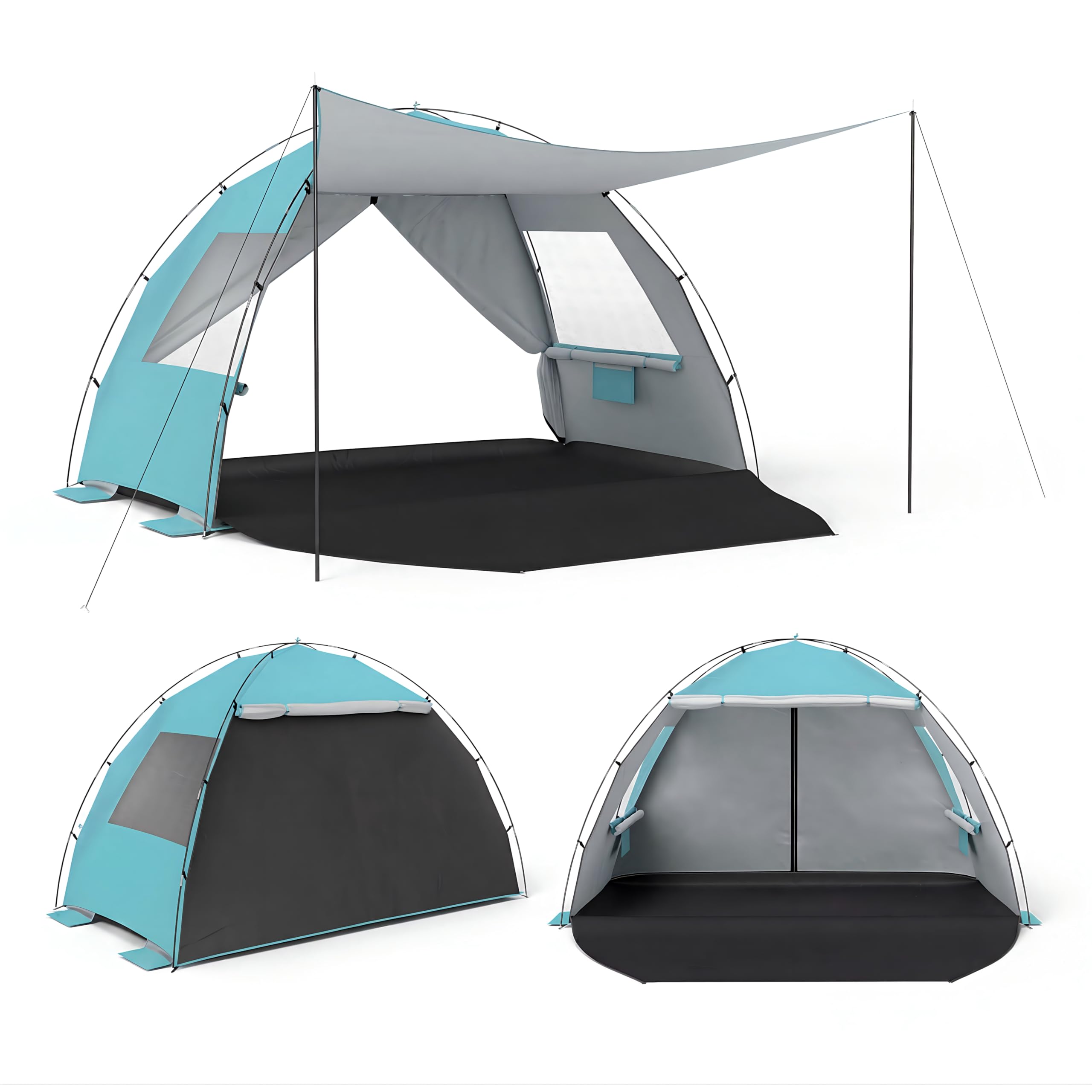 HOMASIS Tenda da Spiaggia per 5-6 Persone, Tenda da Mare Spiaggia Portatile con 2 Porte, 2 Finestre, 10 Picchetti, 6 Corde Antivento, 4 Sacchetti di Sabbia e Borsa