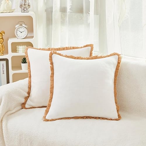 Lemfux Fundas de almohada decorativas redondas para sofá o cama, con patrón de cuadrícula copetuda, con borlas, funda de cojín natural beige moderna