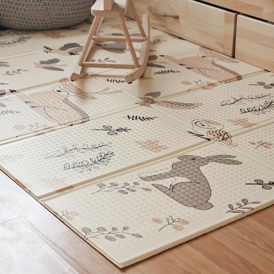 Mamabrum Tapis en mousse pour bébé 180 x 120 x 1 cm, pliable double face, mousse XPE, forêt magique/rues d'automne