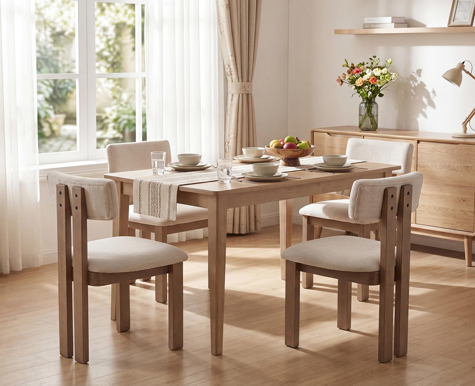 chairus 2PCS Sillas de Comedor de Lino con Patas de Madera, Biege | Asiento y Respaldo Tapizadas de Lino, Respaldo Curvo, Sin Brazos