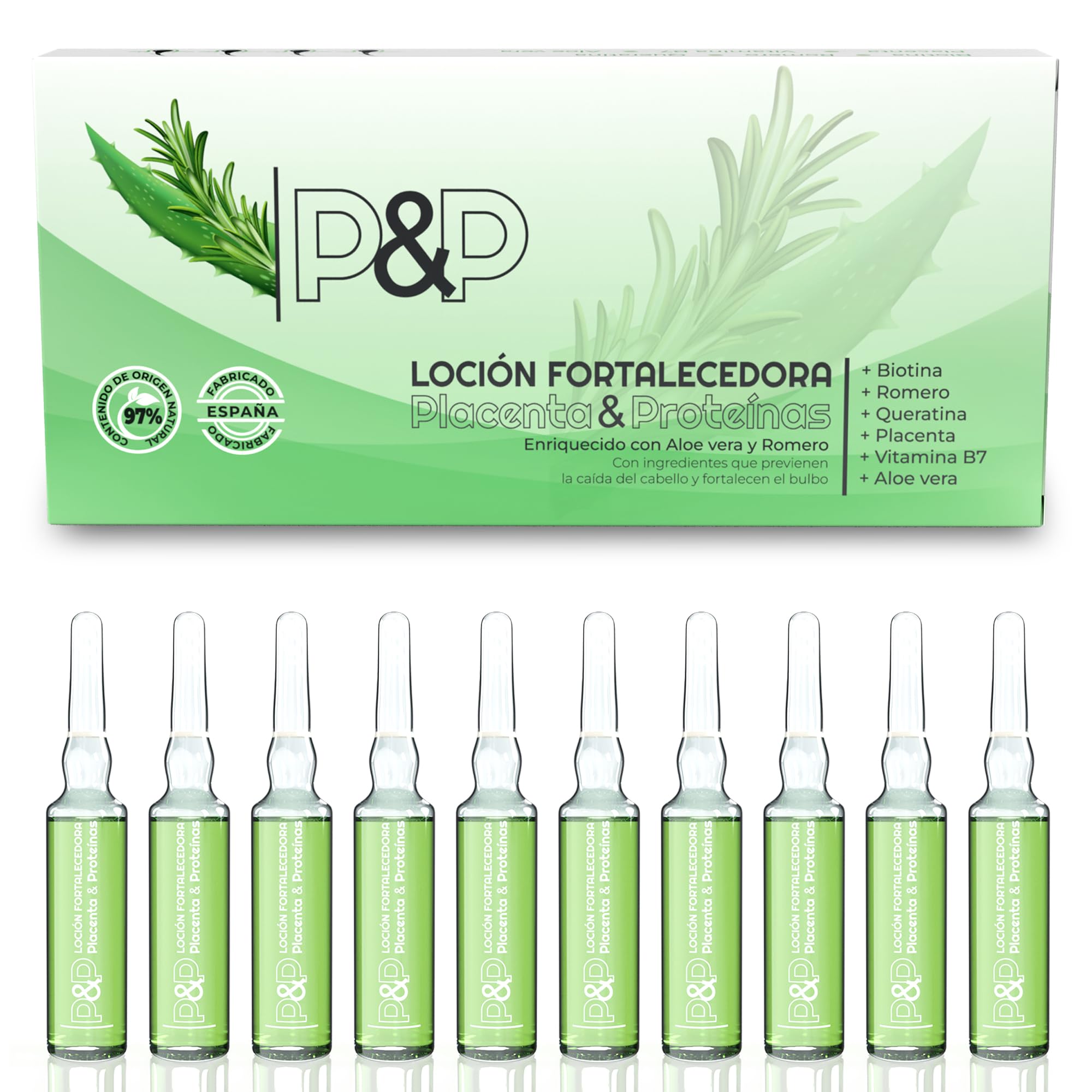 Ampollas Anticaida para el cabello. Enriquecida con Placenta, Romero y Aloe Vera. Tratamiento fortalecedor del bulbo. Prevención de la caída del pelo. Mujer y Hombre (10 ampollas de 10 ml)