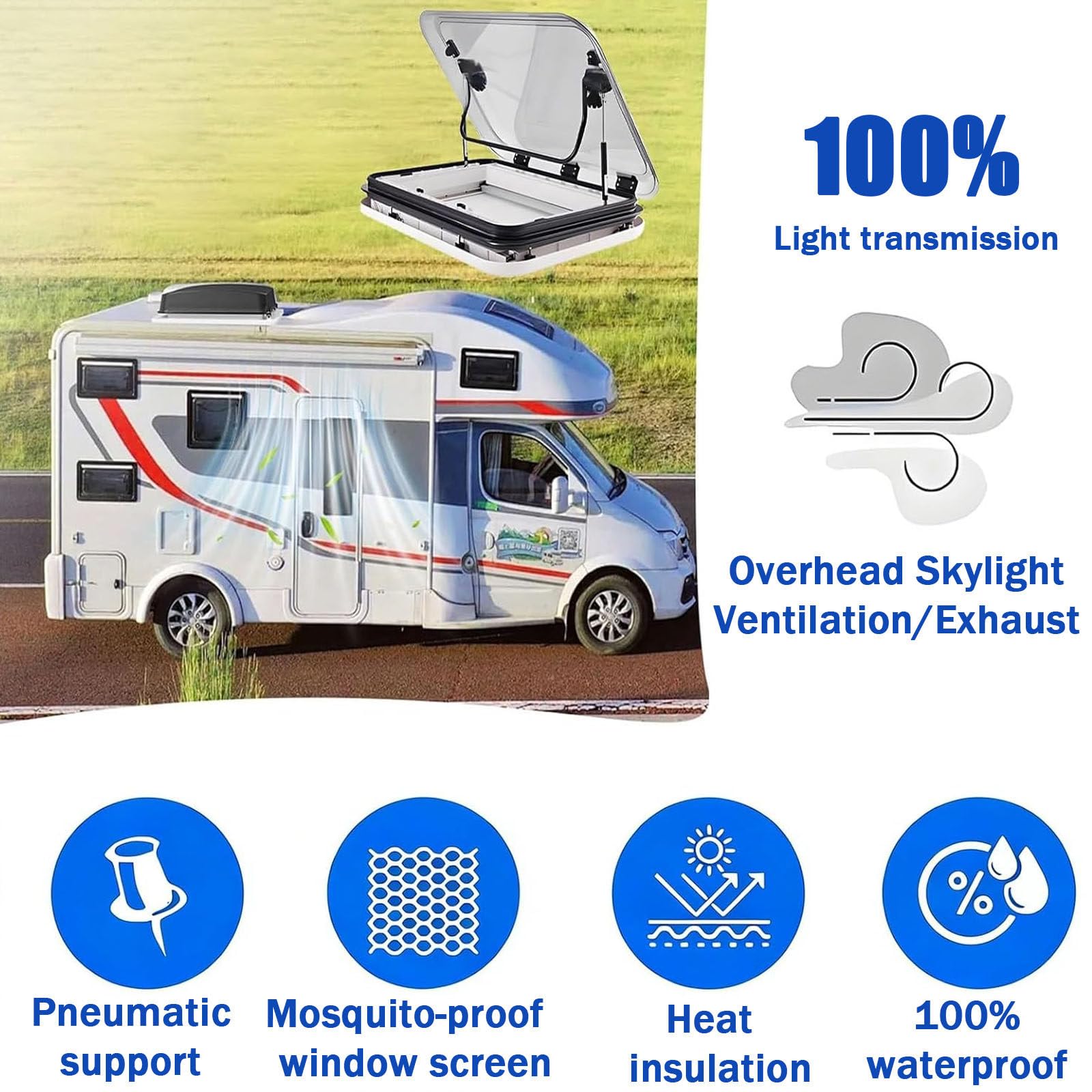 Claraboyas para autocaravanas, caravanas y caravanas. Ventana de Techo con luz LED. Ventana de Repuesto para Camper con lámpara. Claraboya de aleación de Aluminio 80x50cm